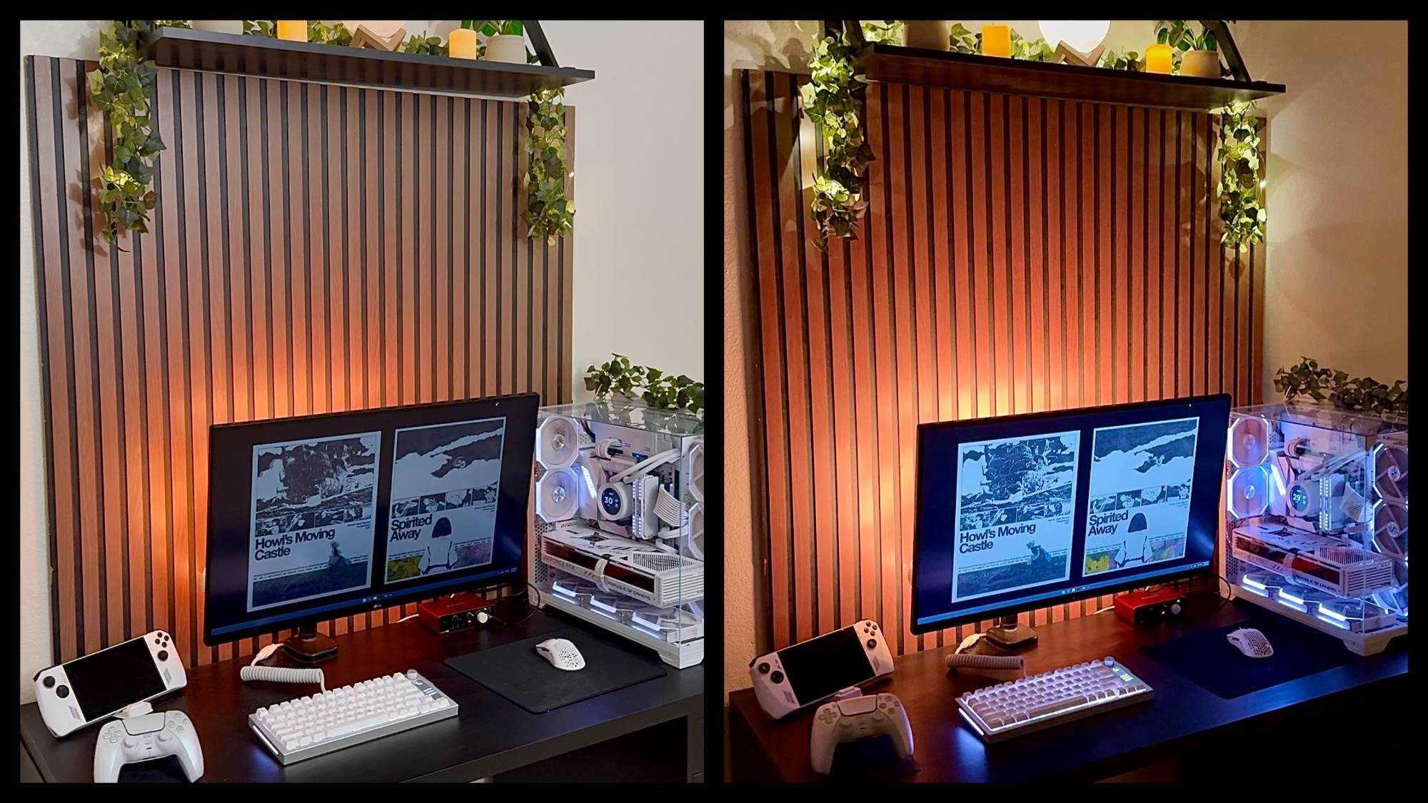 Discord user edens song's PC gaming setup with brown background paneling, a planet shelf atop the paneling, and all-white PC components including a snowy desktop and ROG Ally.