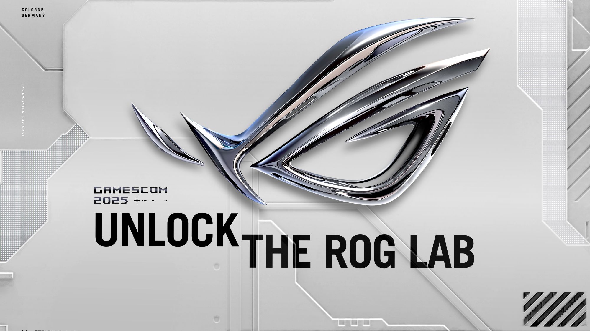 ROG's 2025 Gamescom banner featuring the text 'Enter the ROG Lab' below a Fearless Eye logo against a silver backdrop.