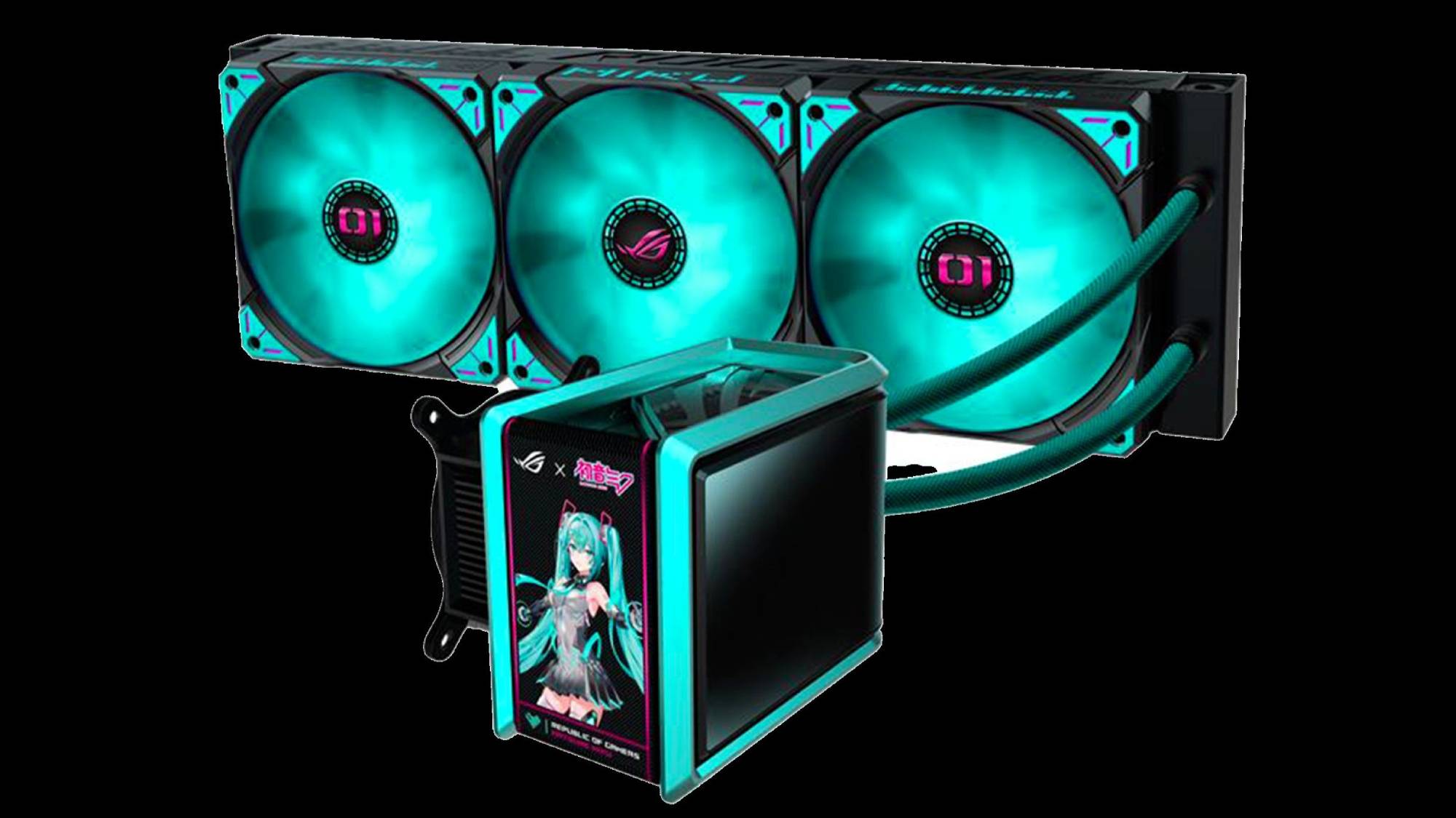The ROG RYUO IV 360 ARGB Hatsune Miku Edition AIO cooler against a black background.