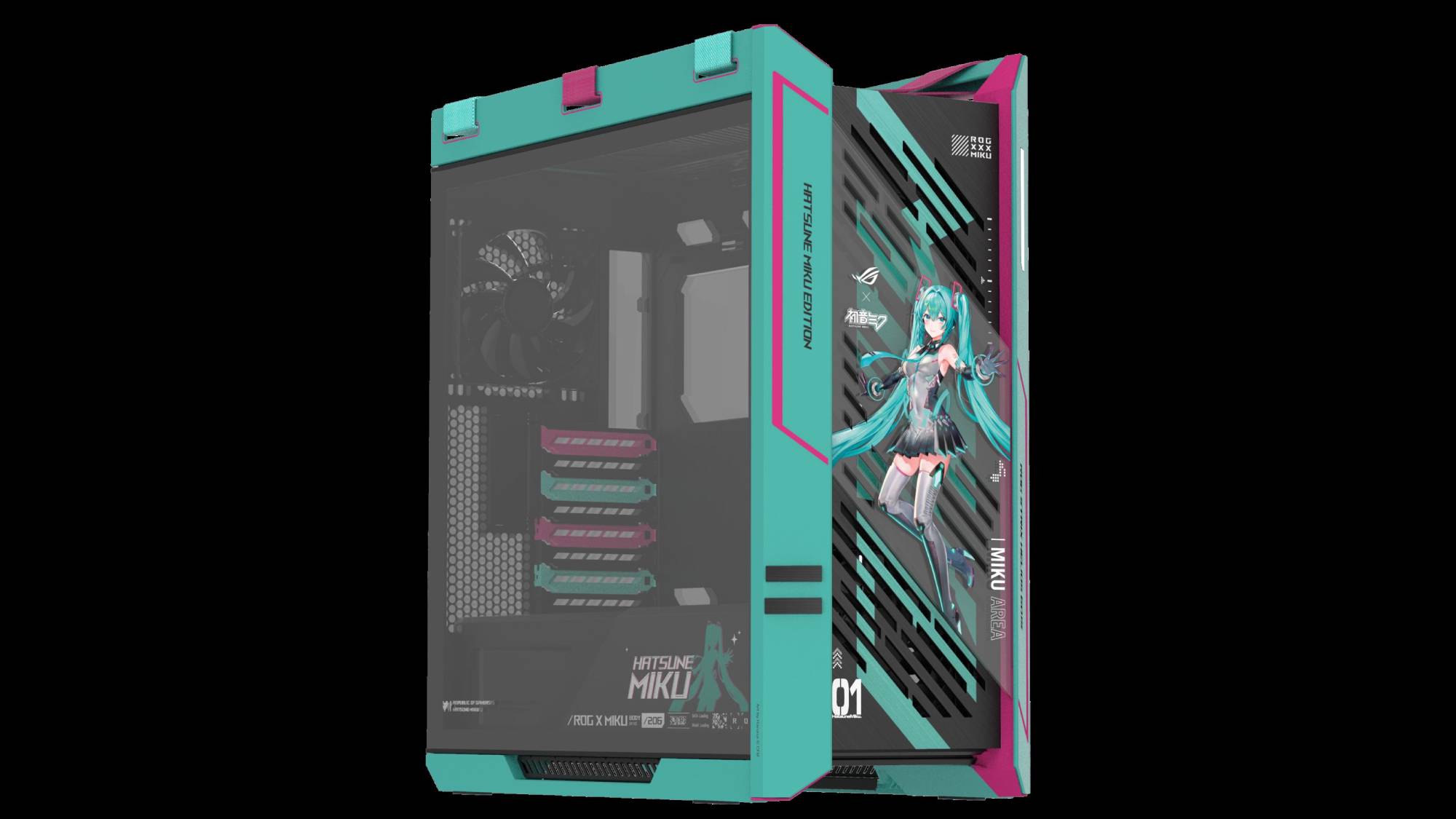 The ROG Strix Helios II Hatsune Miku Edition PC case against a black background.