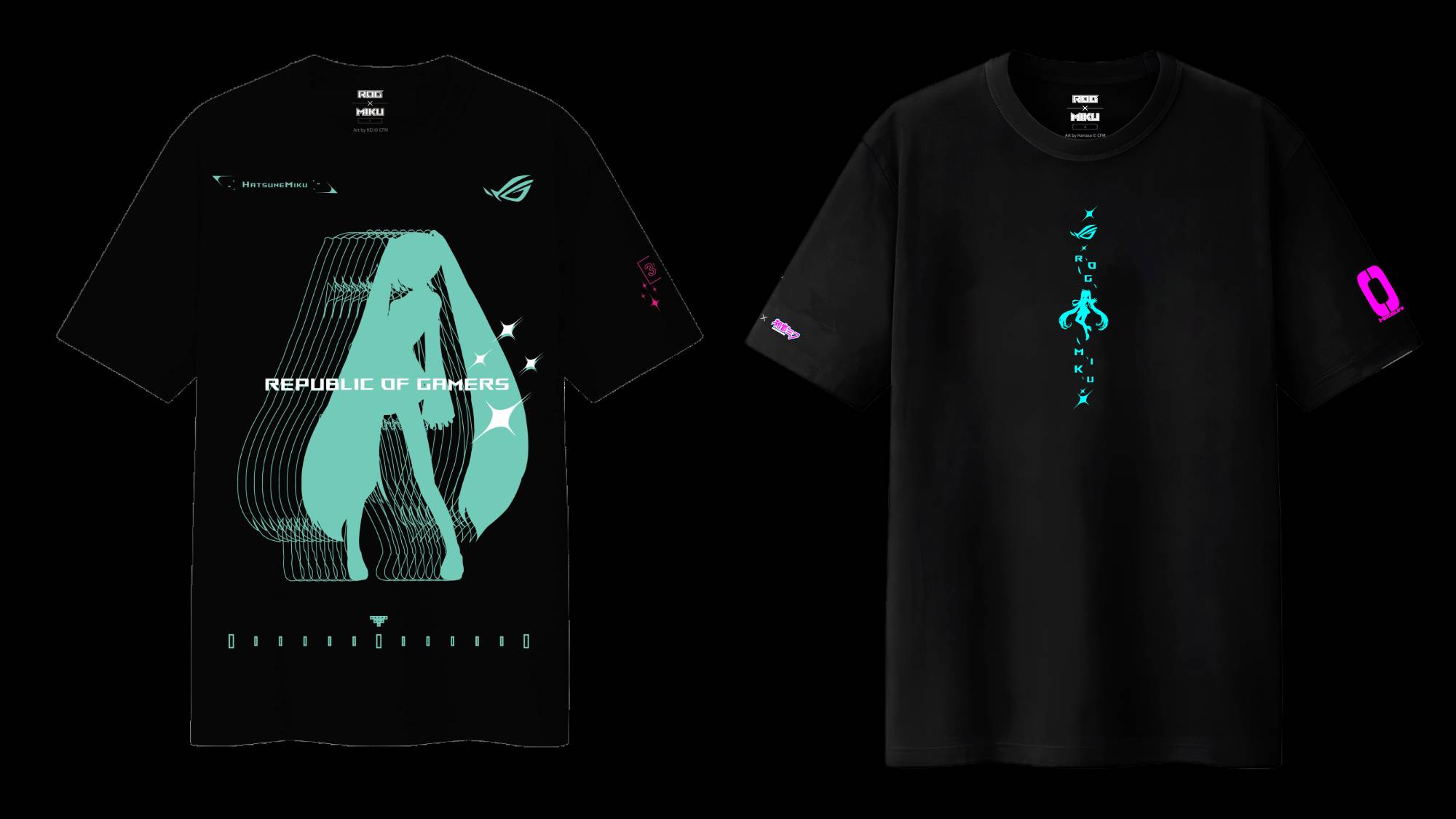 The ROG T-Shirt I & II Hatsune Miku Edition shirts against a black background.