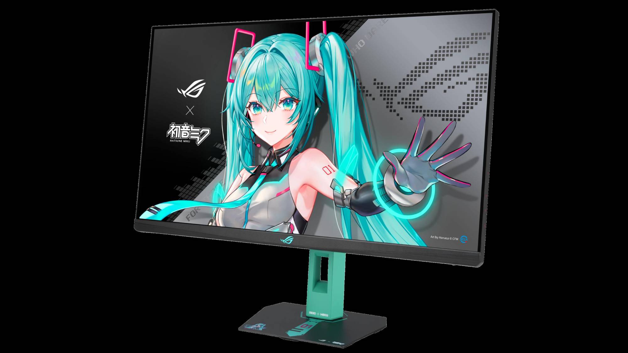 The ROG Strix XG27ACMEG-G Hatsune Miku Edition against a black background.