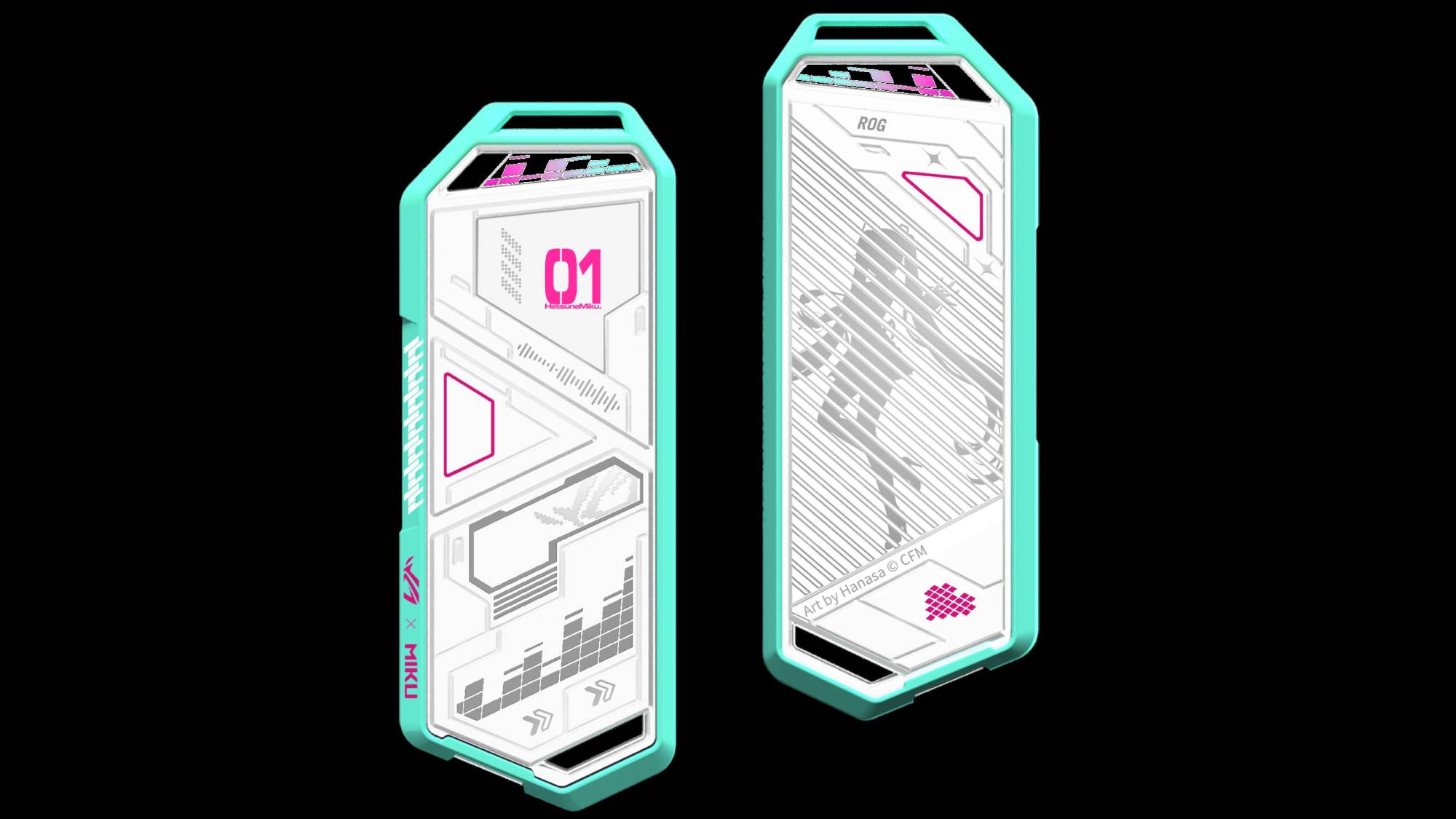 The ROG Strix Arion Hatsune Miku Edition enclosures against a black backdrop.
