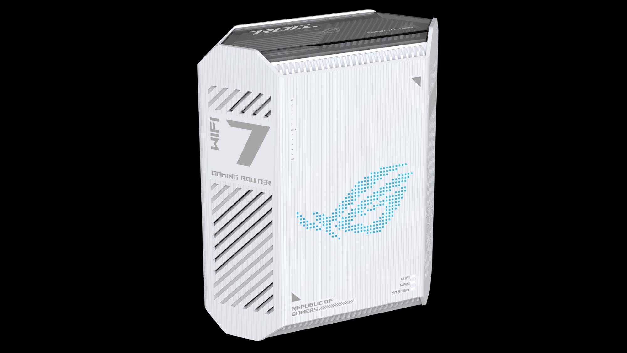 The ROG Strix GS-BE7200 with its side panel's ROG Fearless Eye in cyan.