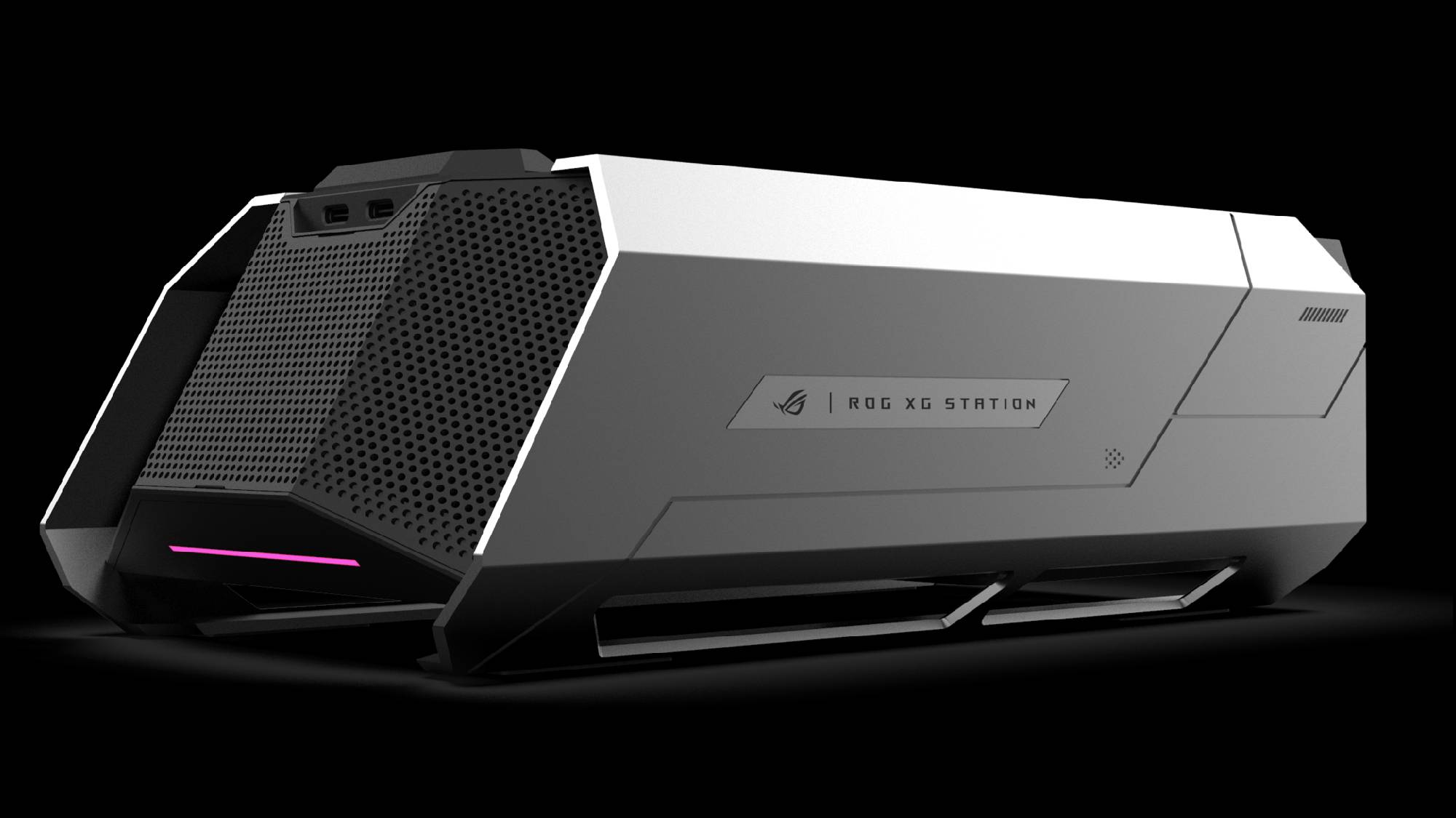The ROG XG STATION 3 external GPU dock against a black background.