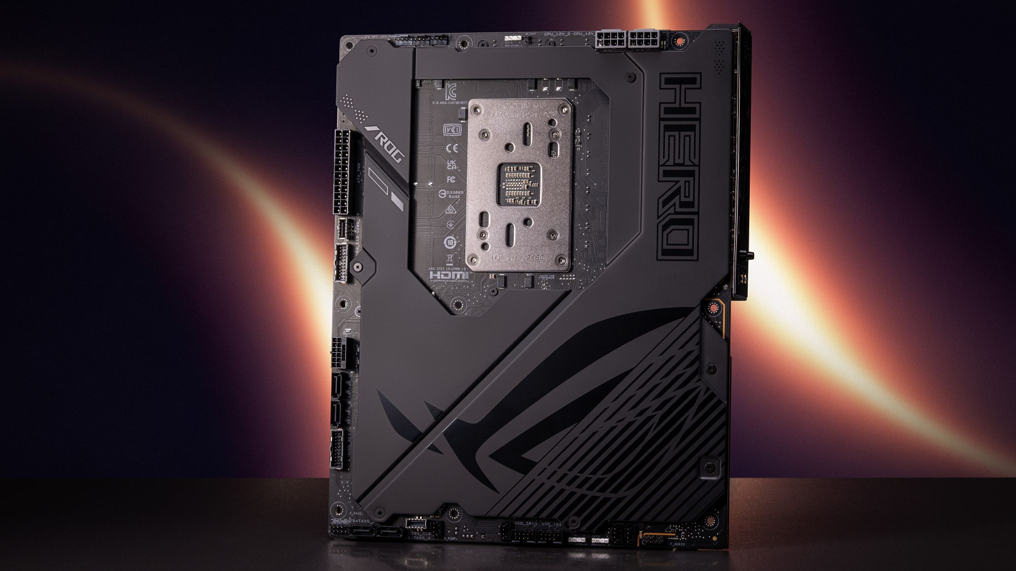 The backside of the ROG Crosshair X870E Hero BTF motherboard, featuring the Fearless Eye logo.