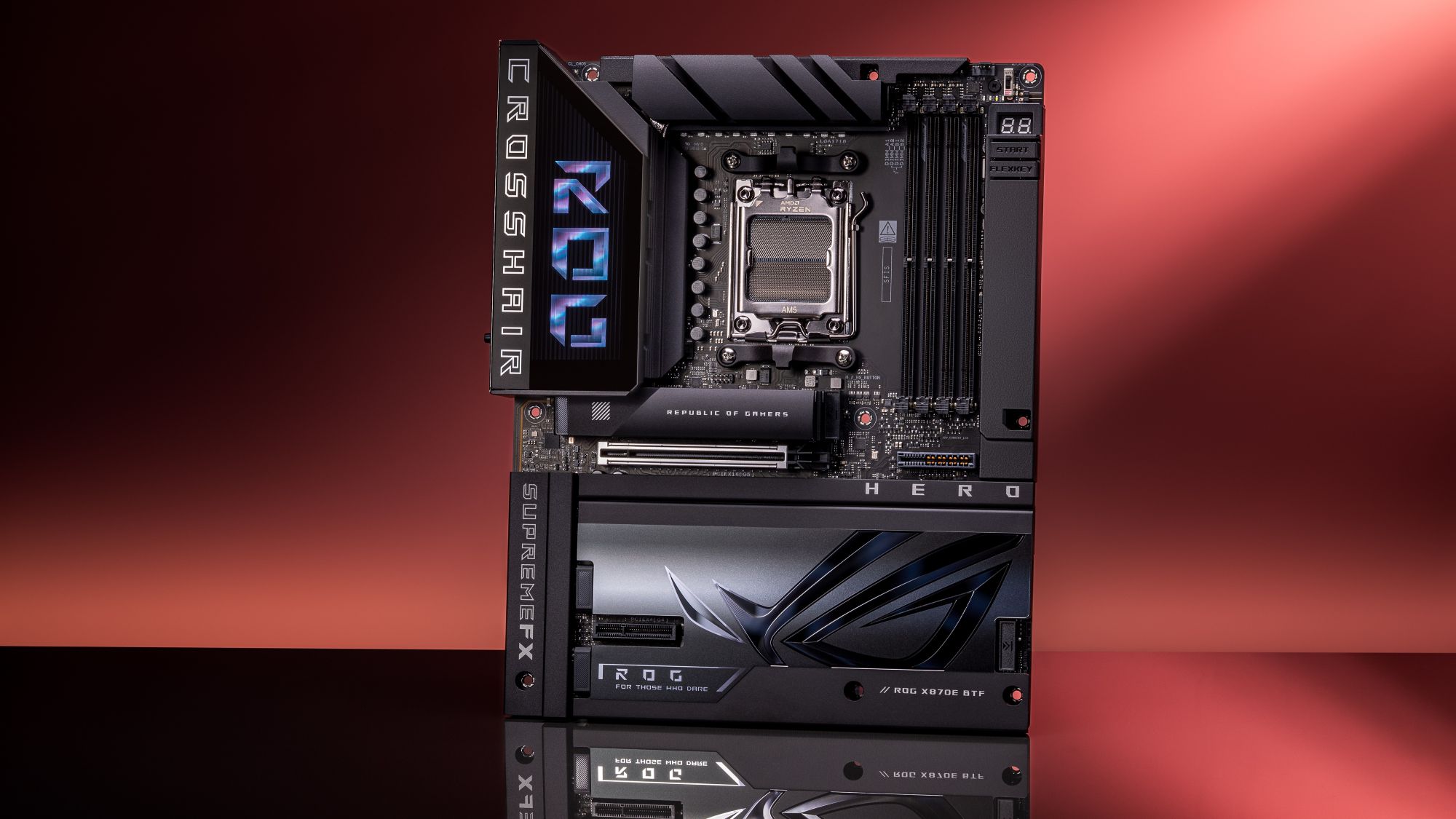 The ROG Crosshair X870E Hero BTF motherboard positioned on a desk.