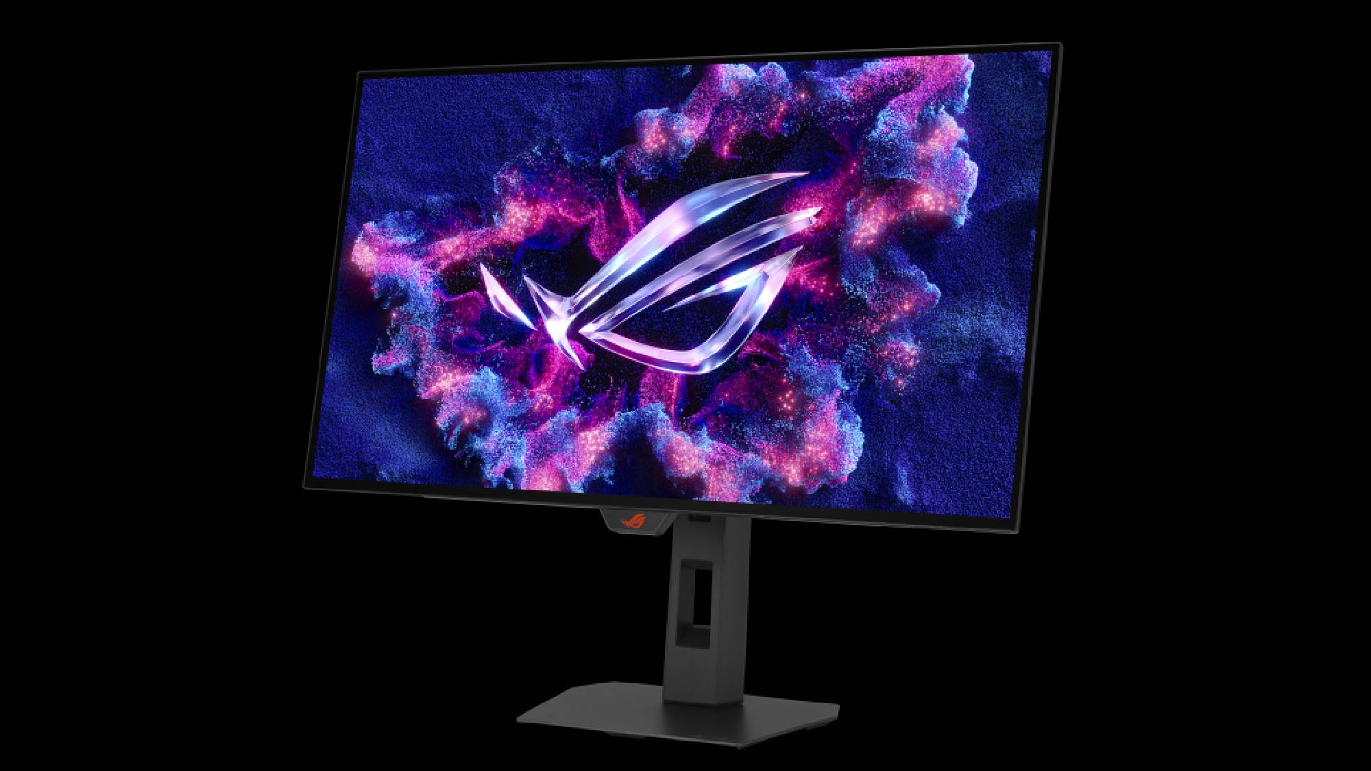 The ROG Strix OLED XG27AQDMG Gen 2 (X27AQDMGR) at a slight angle against a black background.