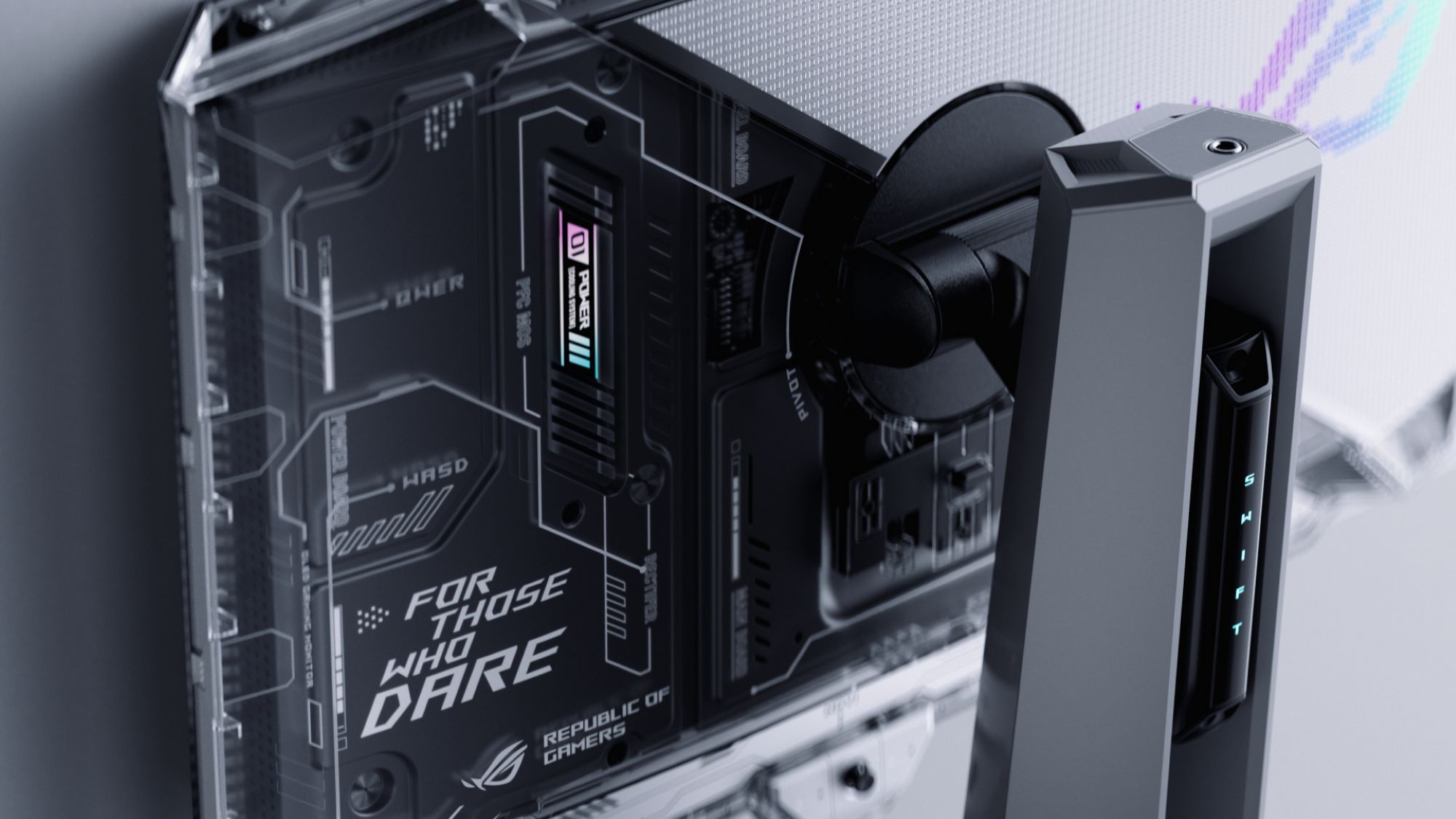 A closeup shot of the ROG Swift OLED PG27AQWP-W's backside with transluscent elements.