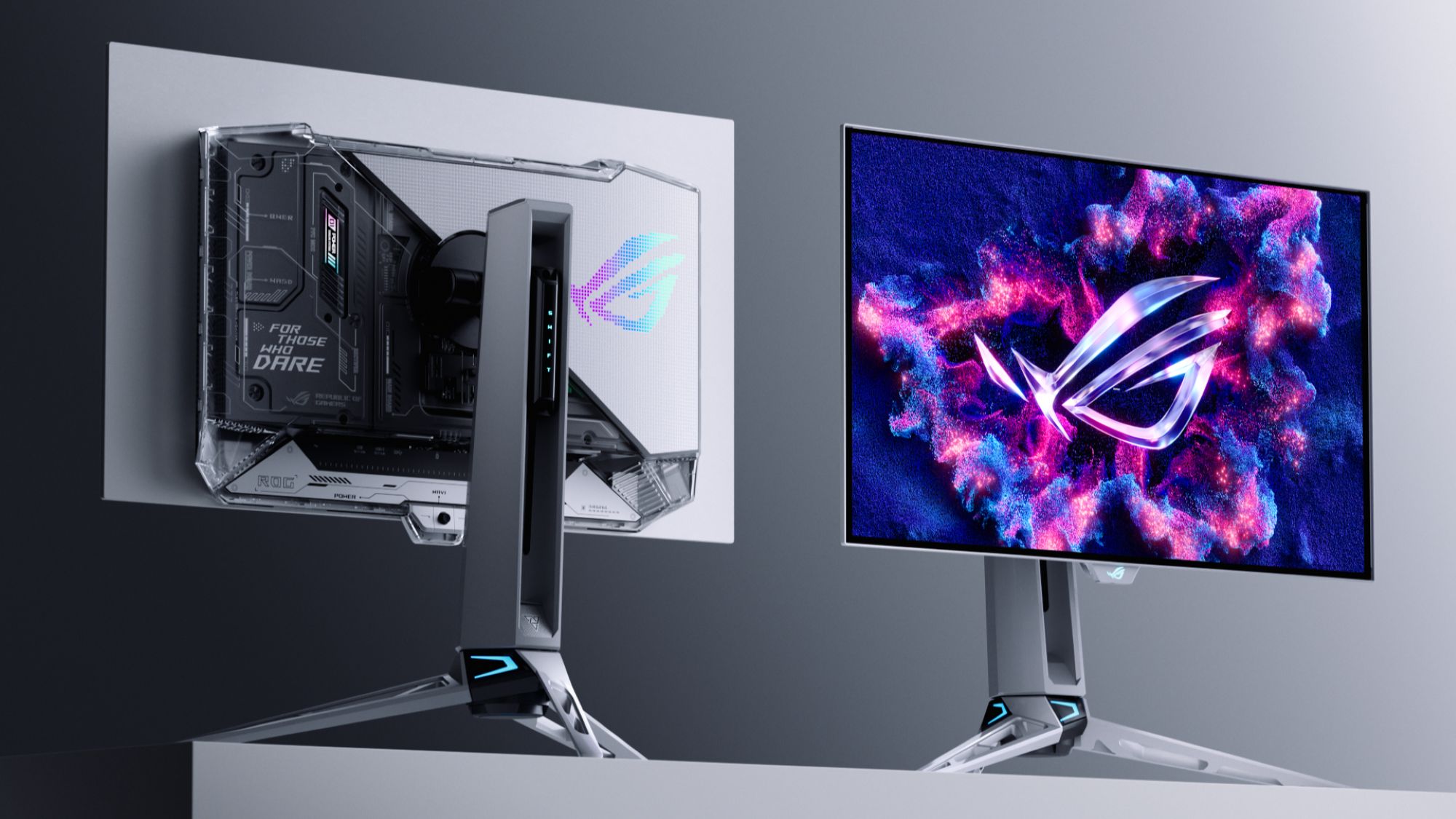 A side-by-side angled comparison of the ROG Swift OLED PG27AQWP-W's front and backsides against a gray background.
