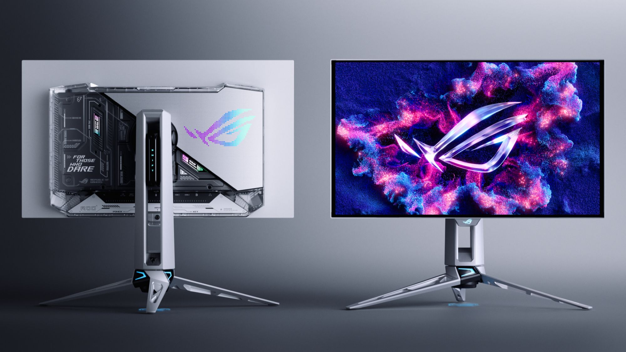 A side-by-side comparison of the ROG Swift OLED PG27AQWP-W's front and backsides against a gray background.