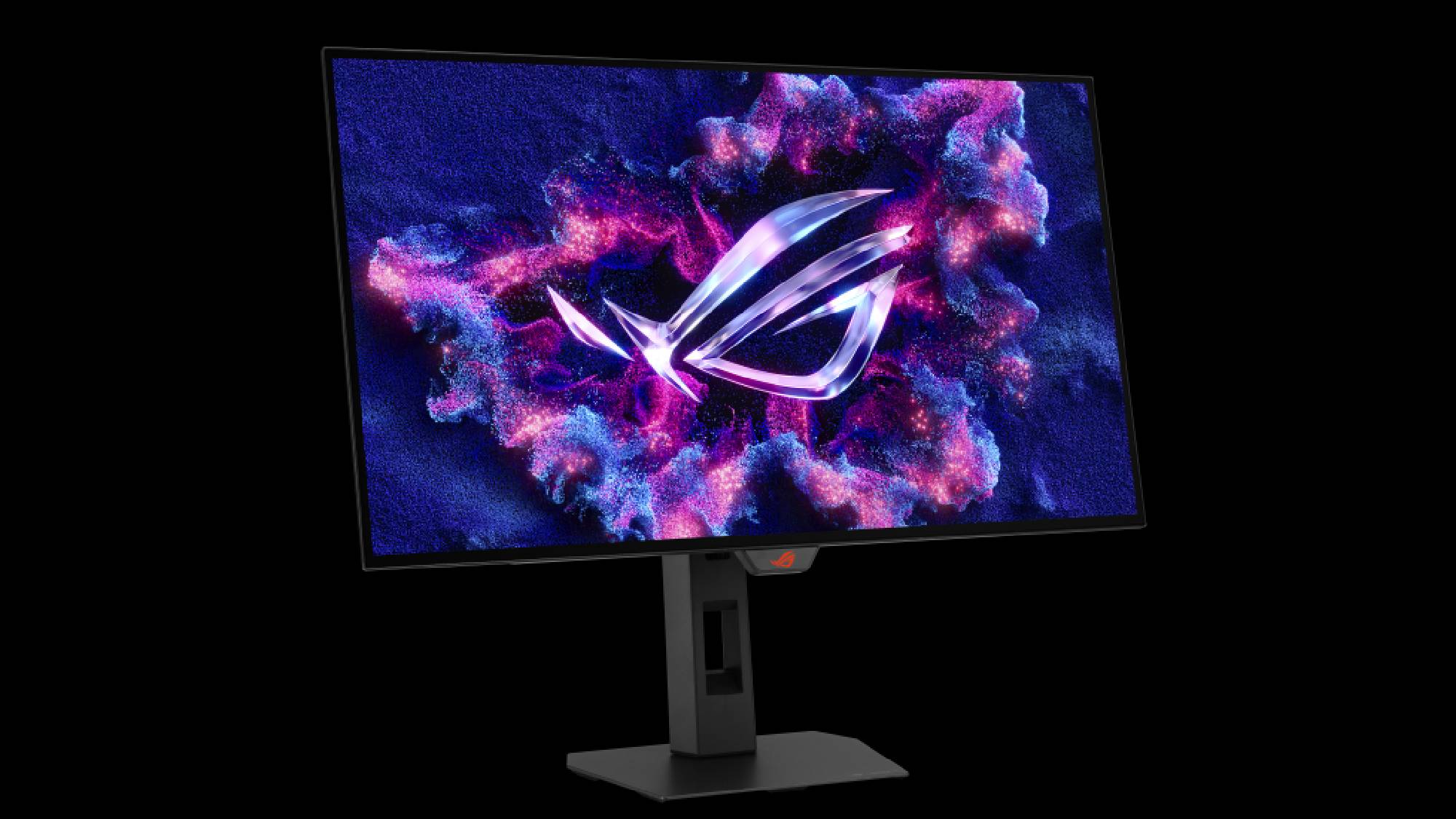 The ROG Strix OLED XG27AQWMG monitor at a slight angle against a black background.