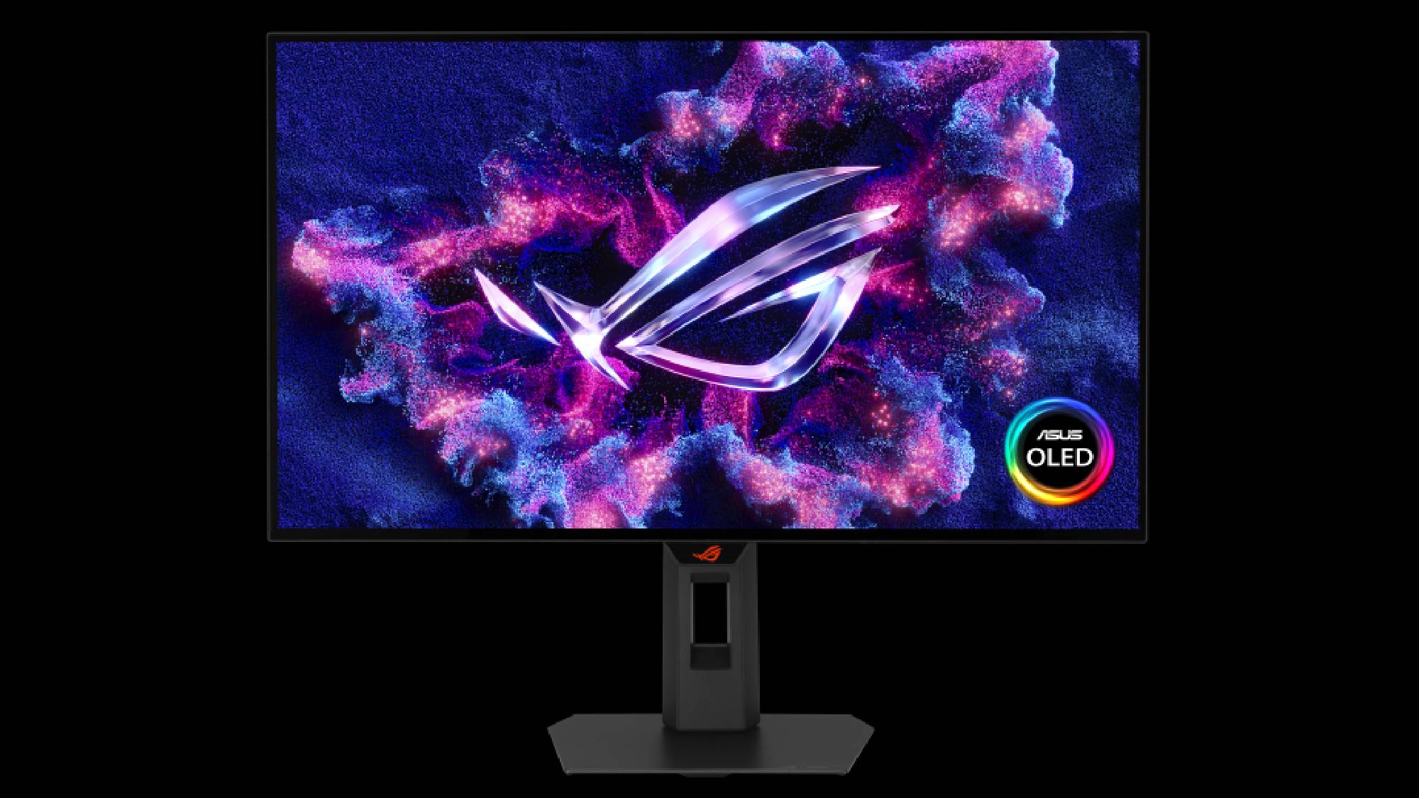 The ROG Strix OLED XG27AQWMG with an ASUS OLED logo on the display against a black background.