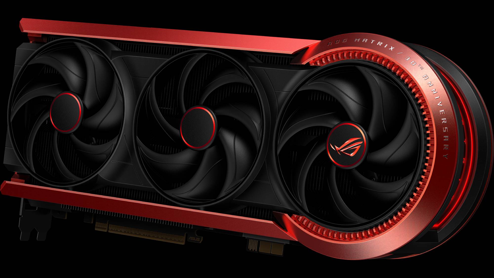 A slanted view of the ROG Matrix GeForce RTX 5090's fans