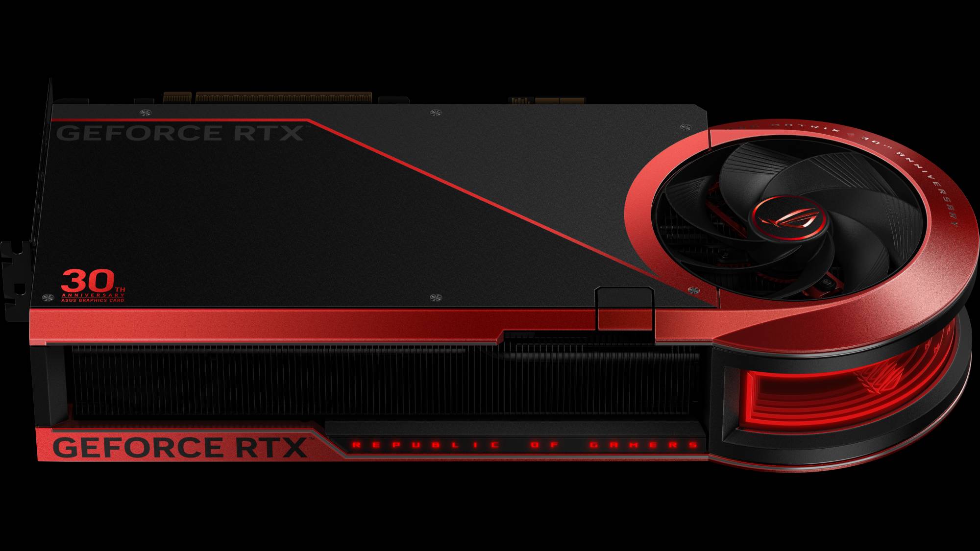 A view of the ROG Matrix GeForce RTX 5090's side profile against a black background.