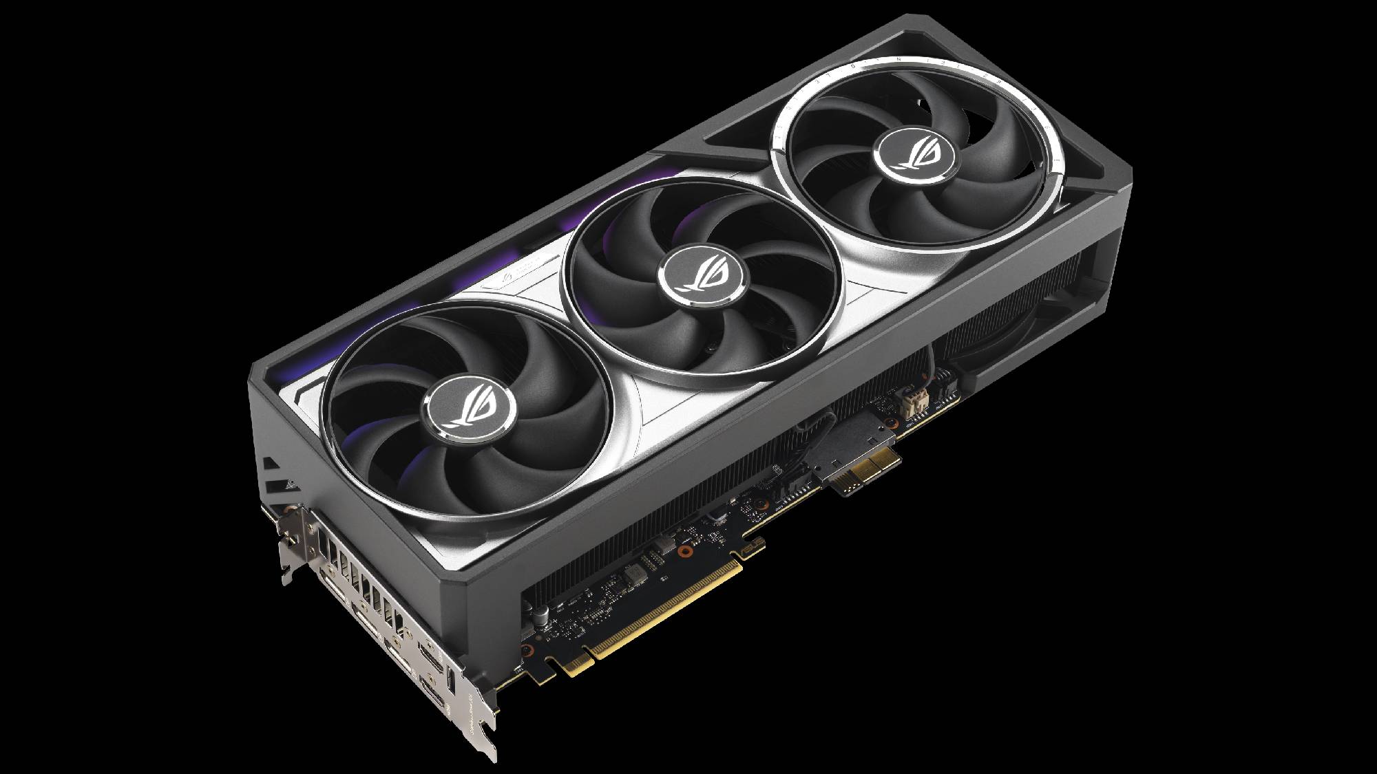 The ROG Astral GeForce RTX 5090 BTF graphics card against a black background.