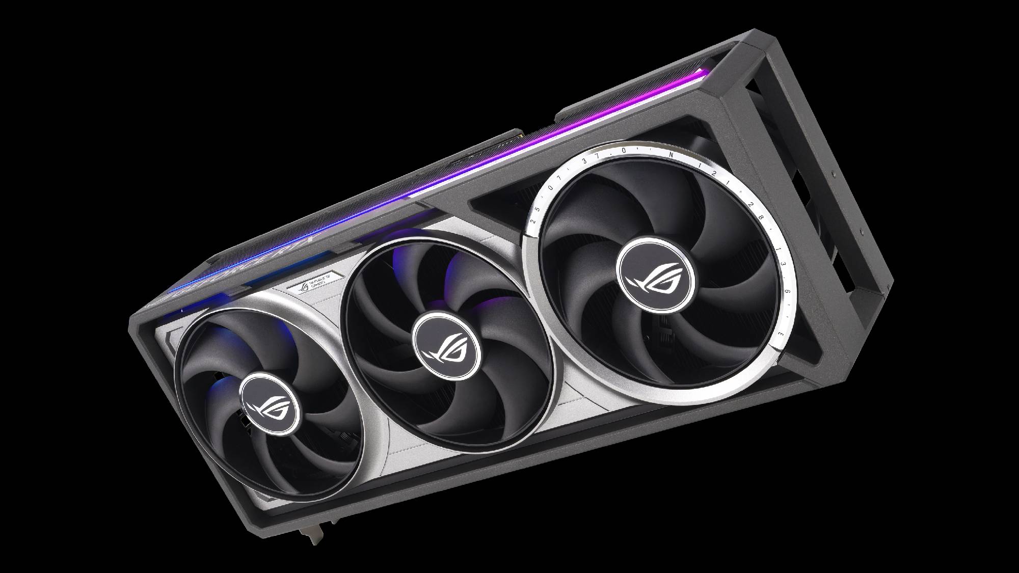 The ROG Astral GeForce RTX 5090 graphics card against a black background.