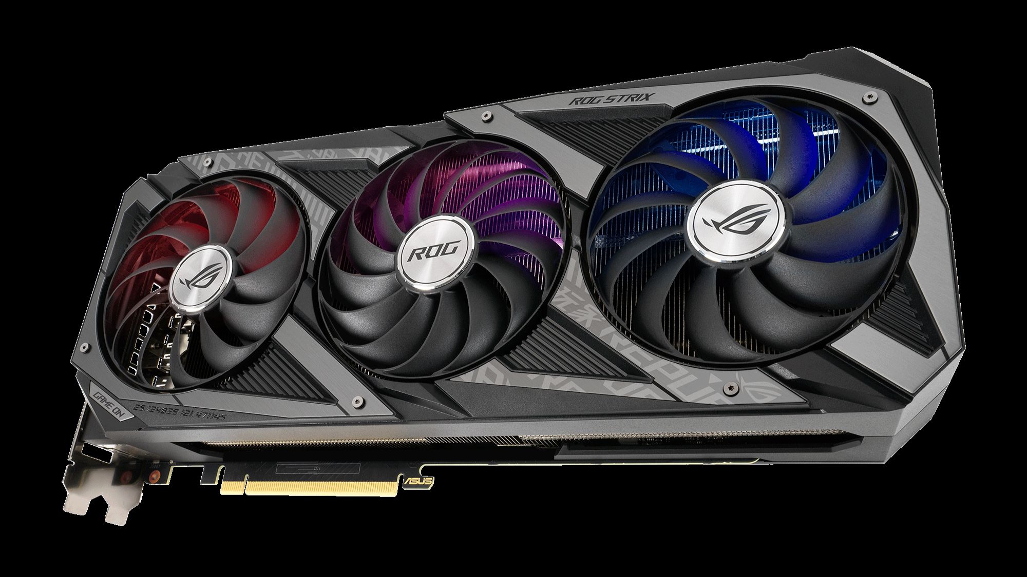 The ROG Strix GeForce RTX 3090 graphics card against a black background.