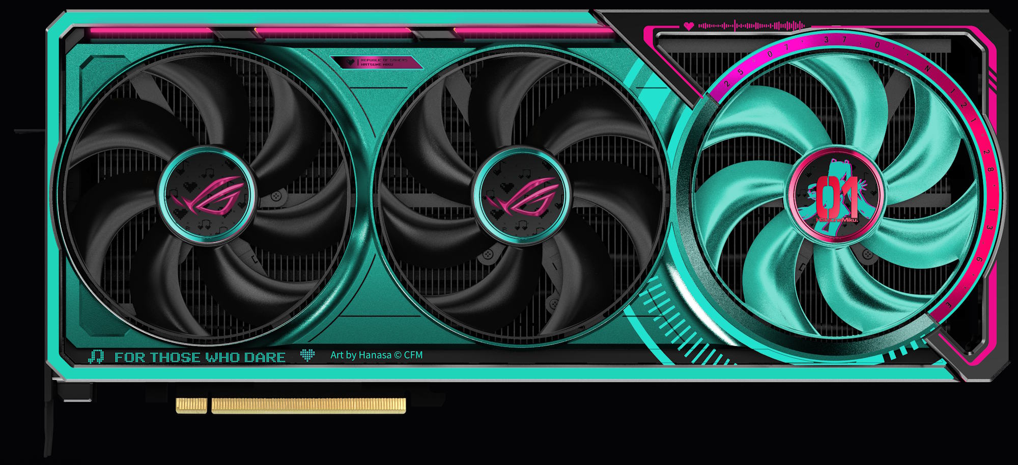 The ROG Astral GeForce RTX™ 5080 16GB GDDR7 OC HATSUNE MIKU EDITION graphics card against a black background.