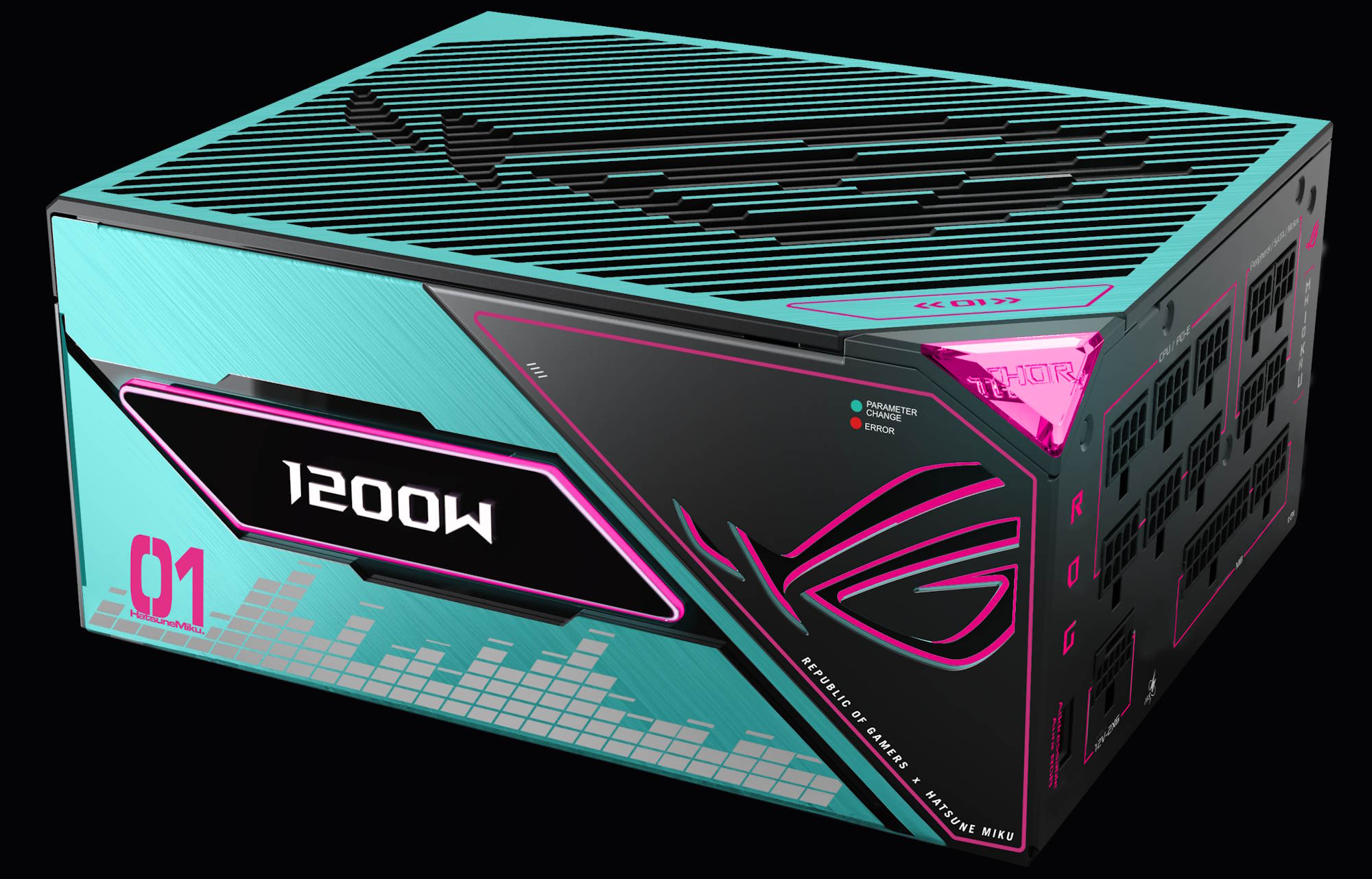The ROG Thor 1200W Platinum III Hatsune Miku Edition PSU against a black background.