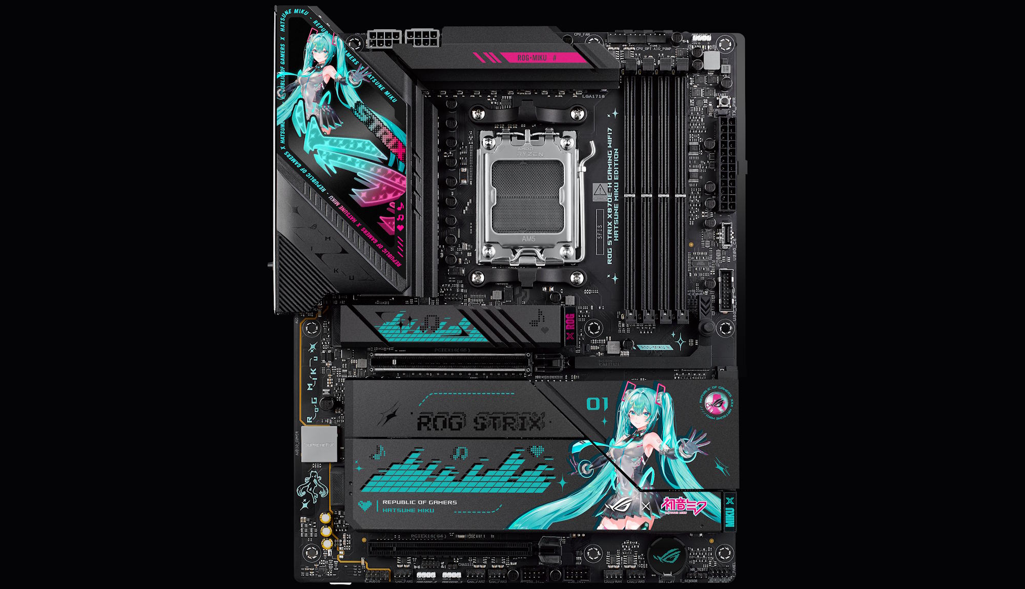 The ROG Strix X870E-H Gaming WiFi7 Hatsune Miku Edition motherboard.