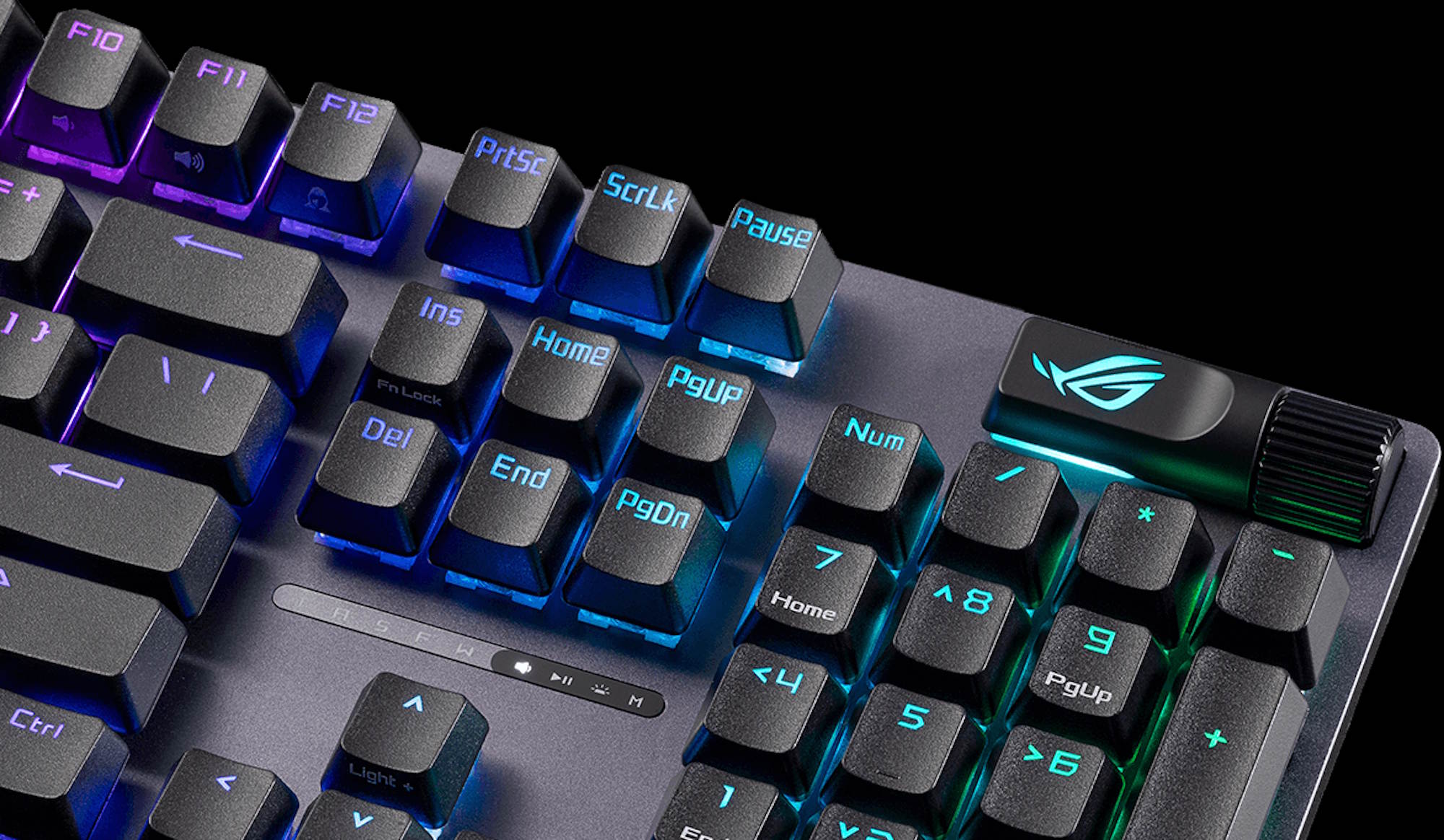 A closeup view of the multifunction wheel on this ROG custom gaming keyboard