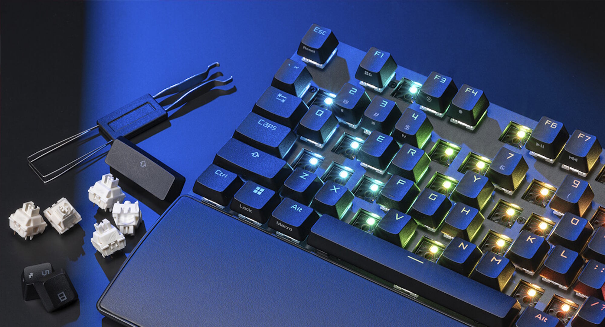 An ROG Strix Scope II X keyboard with many caps removed