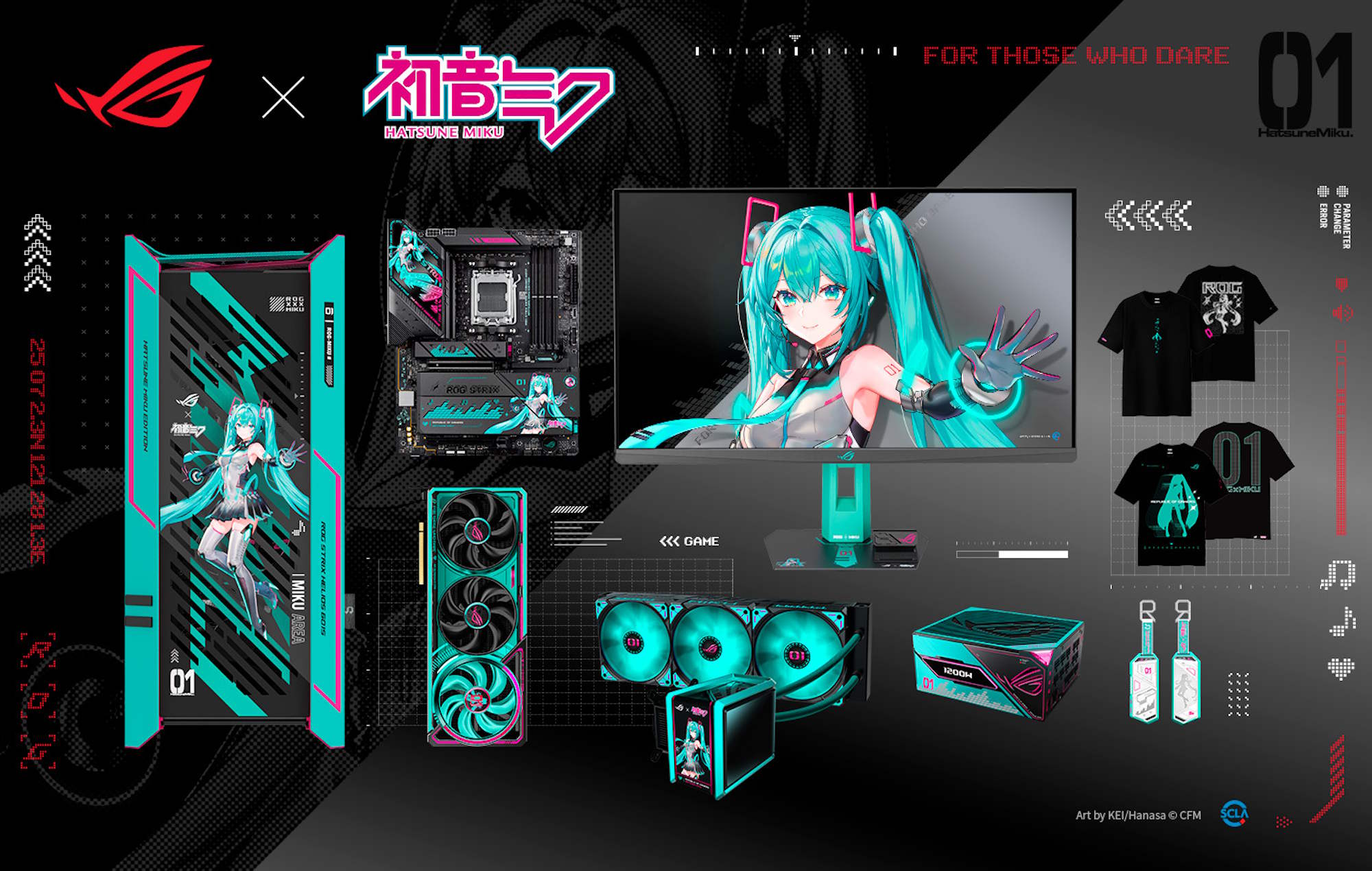 the full hatsune miku x rog collection of rog gear and tshirts against a stylized cyberpunk background