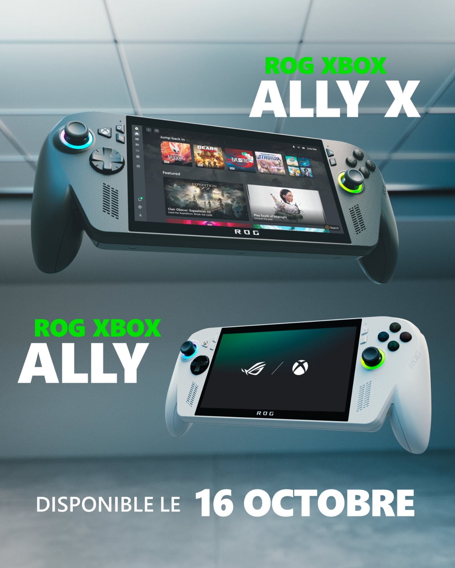 Publicité pour les consoles de jeu ROG Xbox Ally et ROG Xbox Ally X, disponibles le 16 octobre