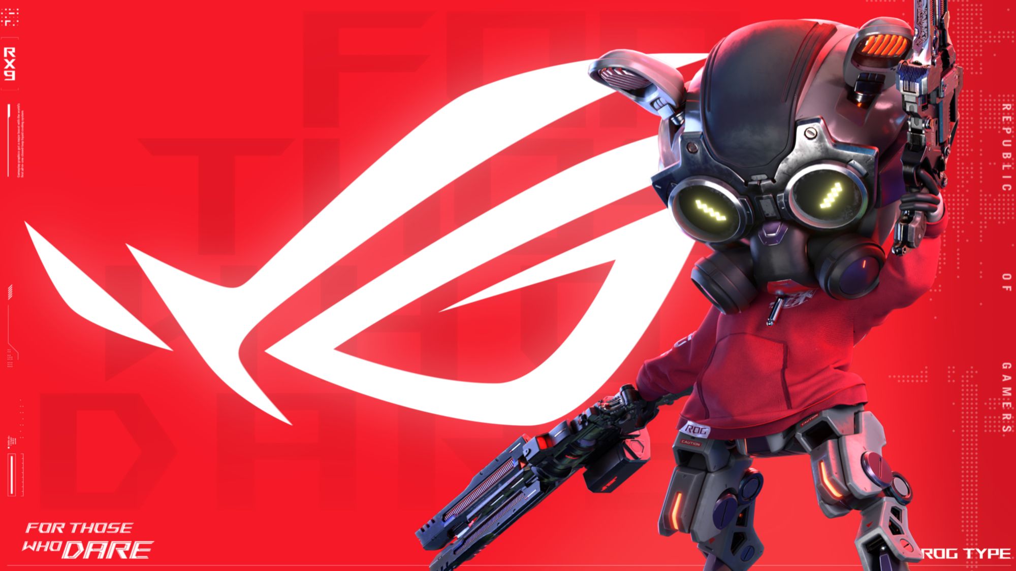 Robot MOUSE OMNI standing in front of a white ROG Fearless Eye logo