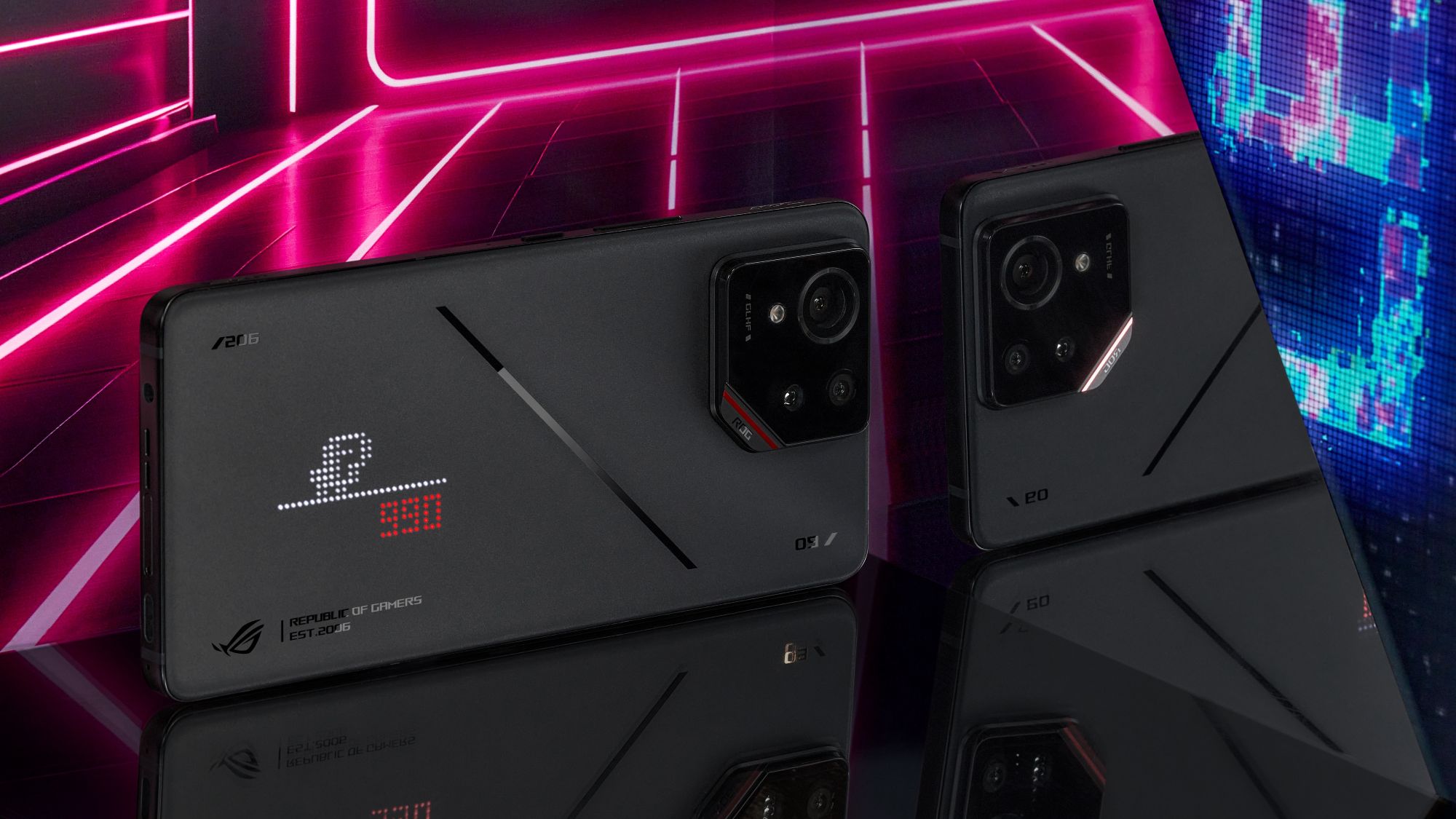 The ROG Phone 9 on its side against a neon background.