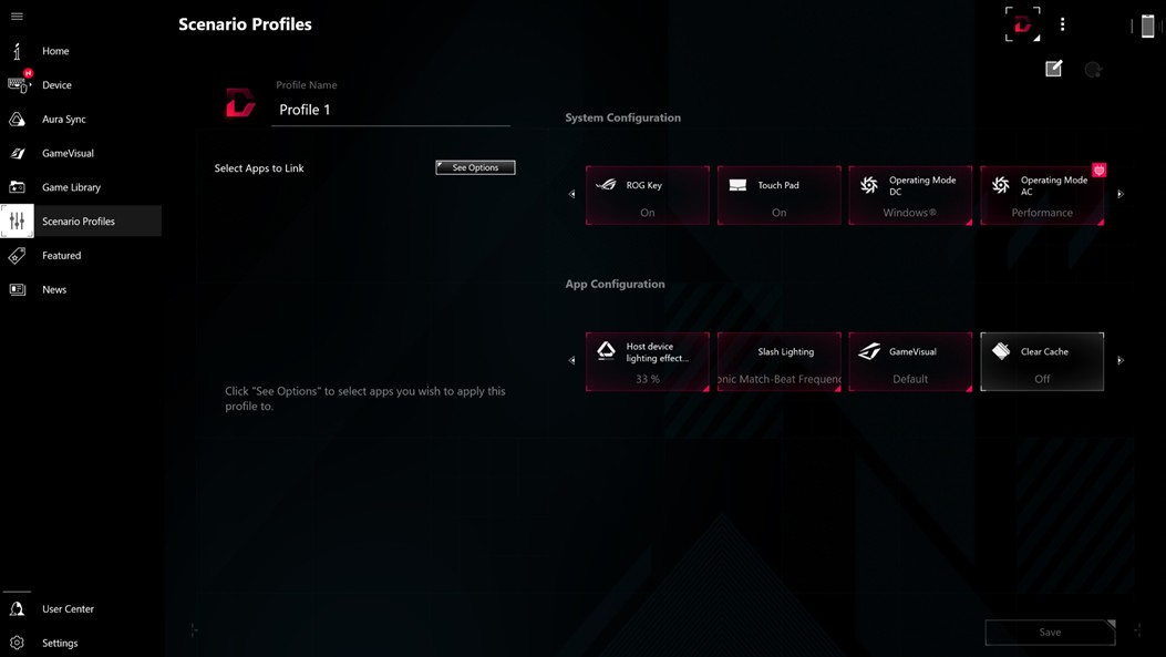 Imagem da tela de configuração do Armoury Crate, exibindo perfis de cenário e opções de personalização para gamers.