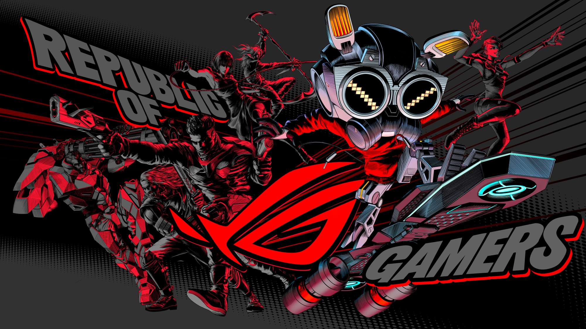 Omni and the Republic of Gamers flying in a shadowy comic book style out of the ROG logo