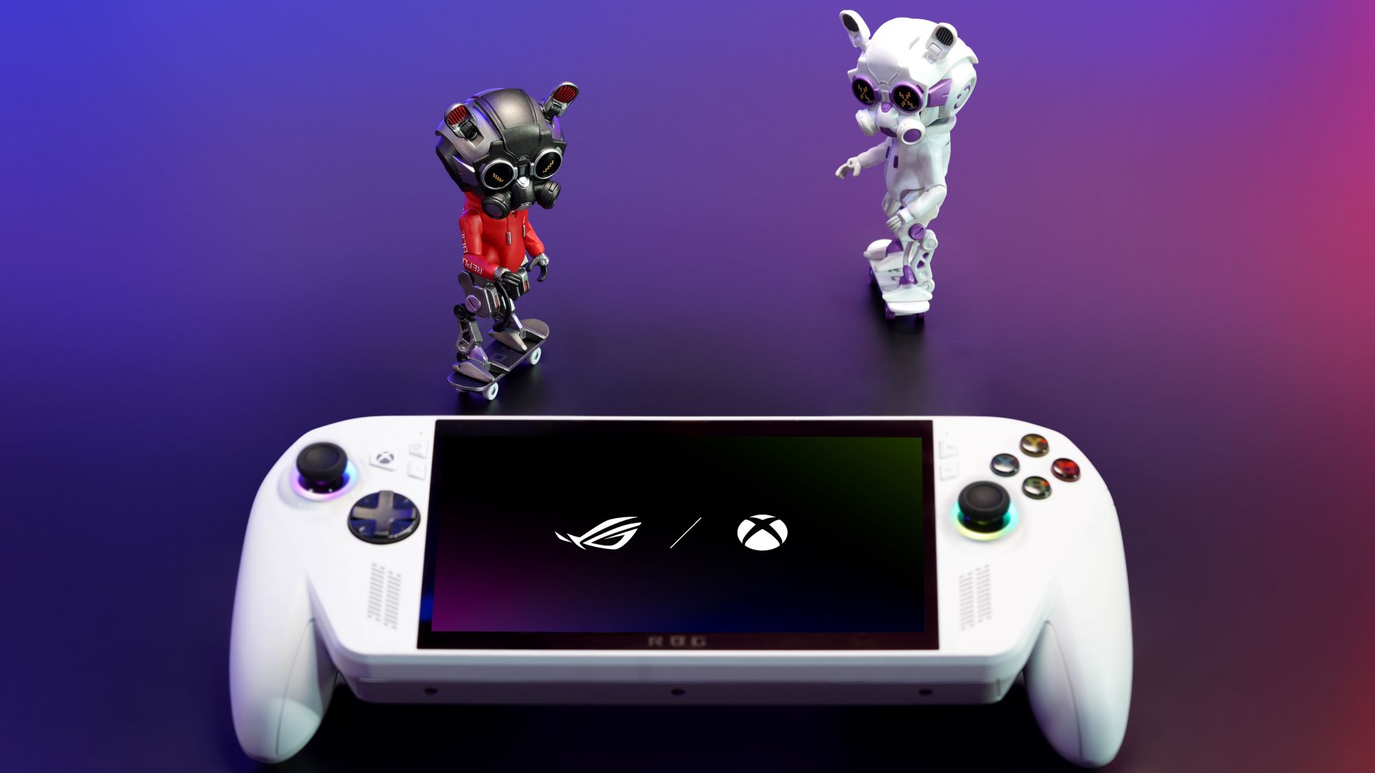 OG and White Edition OMNI action figures converging on an ROG Xbox Ally handheld.