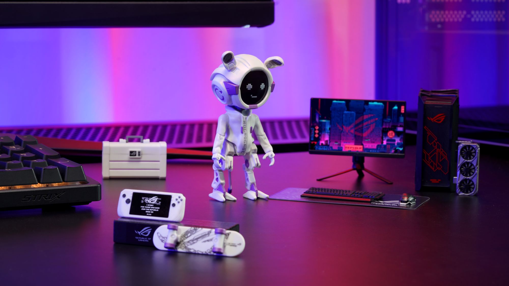 A White Edition OMNI action figure on a desk against a purple background.
