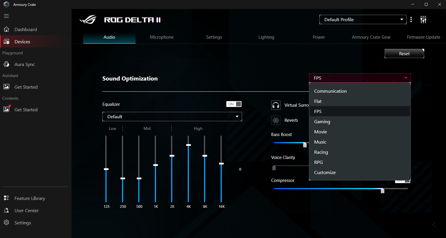 Screenshot der Armoury Crate Software und des Equalizers