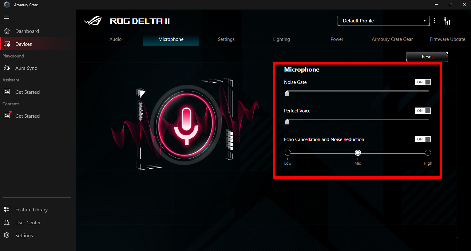 Screenshot der Armoury Crate Software und der Mikrofoneinstellungen