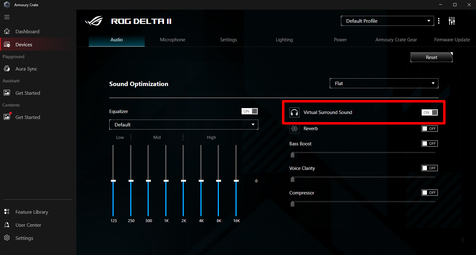 Screenshot der Armoury Crate Software und der virtuellen Surroundeinstellungen