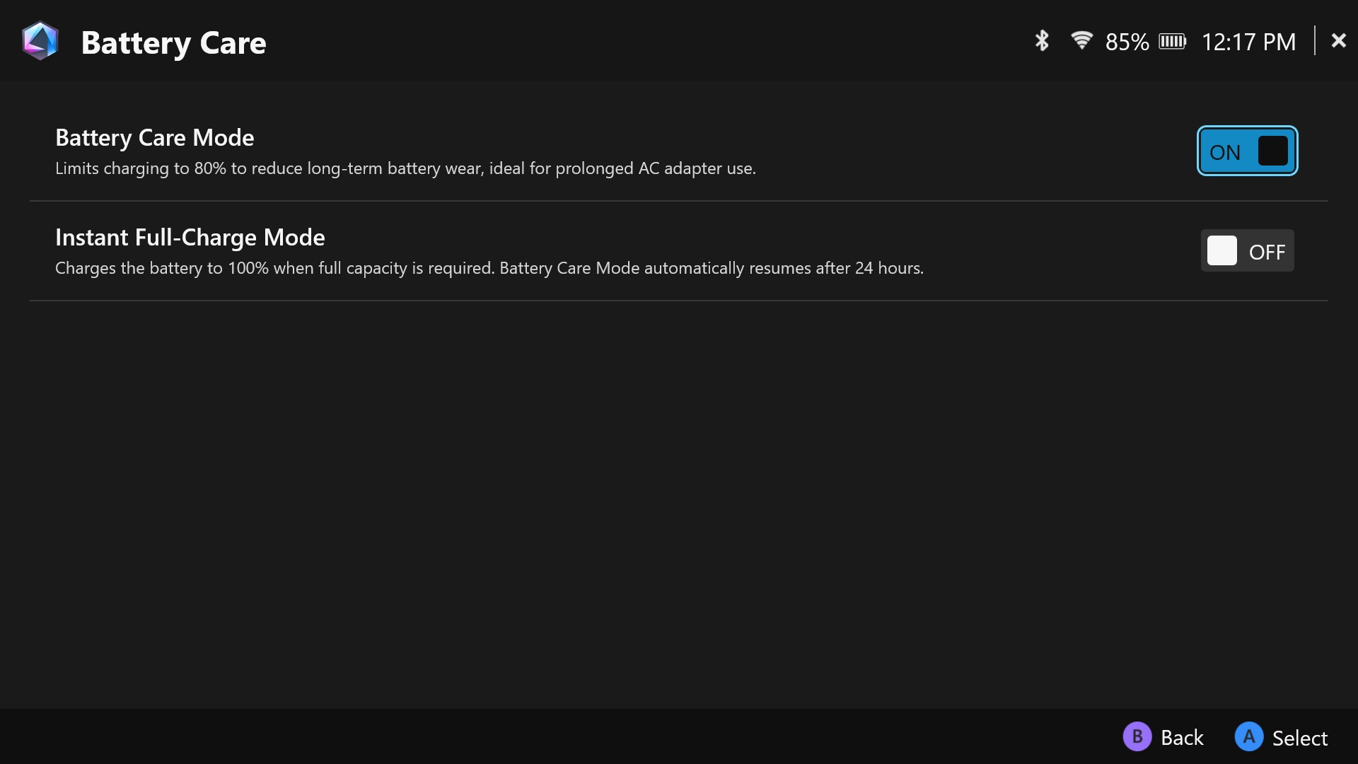 A screenshot of Armoury Crate SE's battery care settings