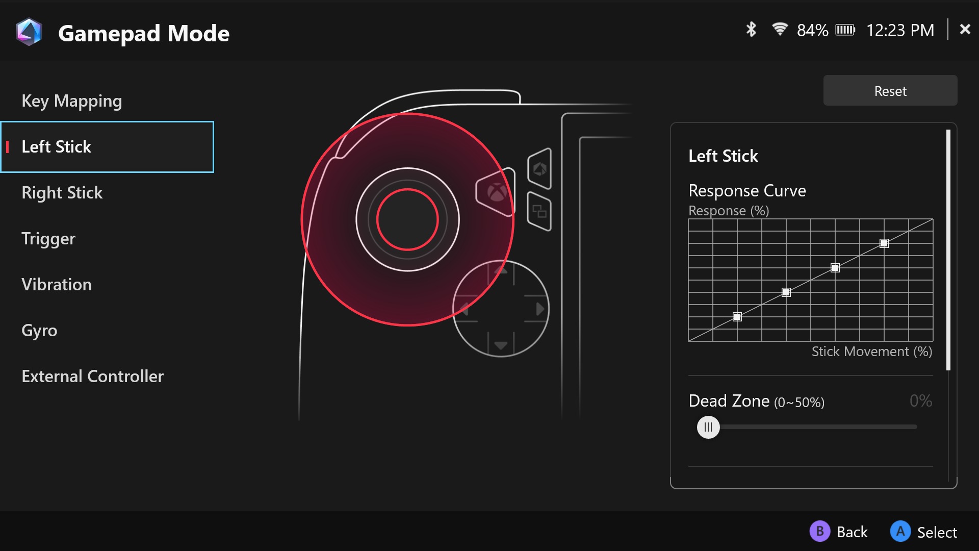 A screenshot of Armoury Crate SE's joystick customization options