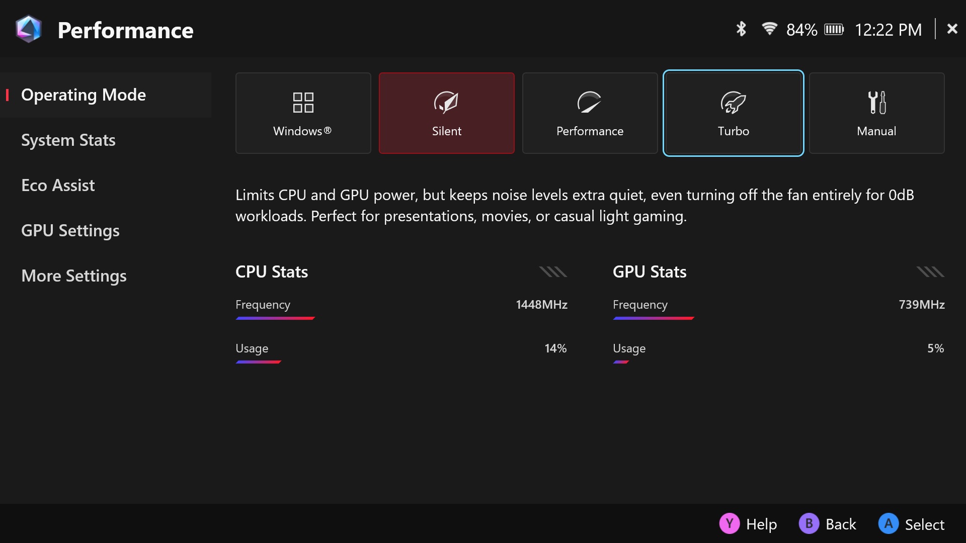 A screenshot of Armoury Crate SE's Operating Modes