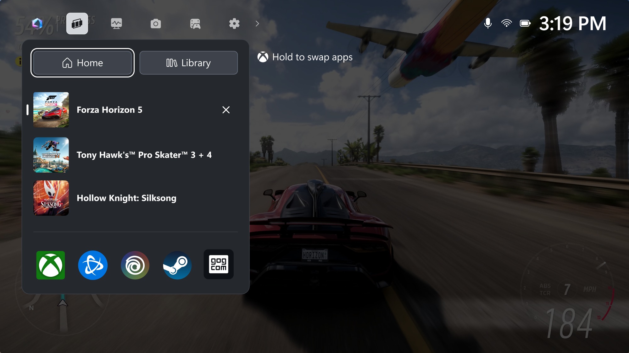 A screenshot of the ROG Xbox Ally Game Bar showing recently played games and game launchers