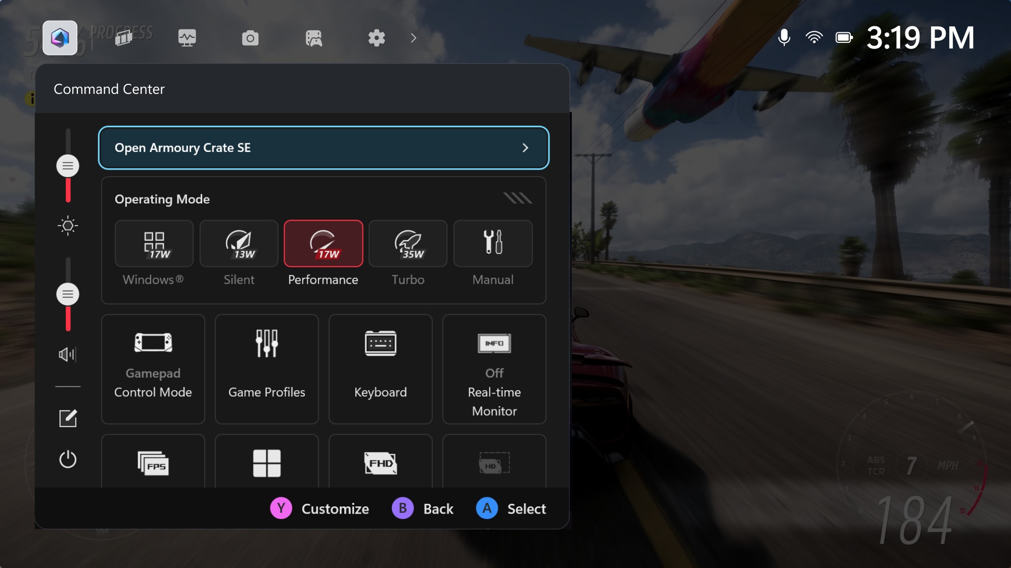 A screenshot of the ROG Xbox Ally Game Bar showing the Command Center