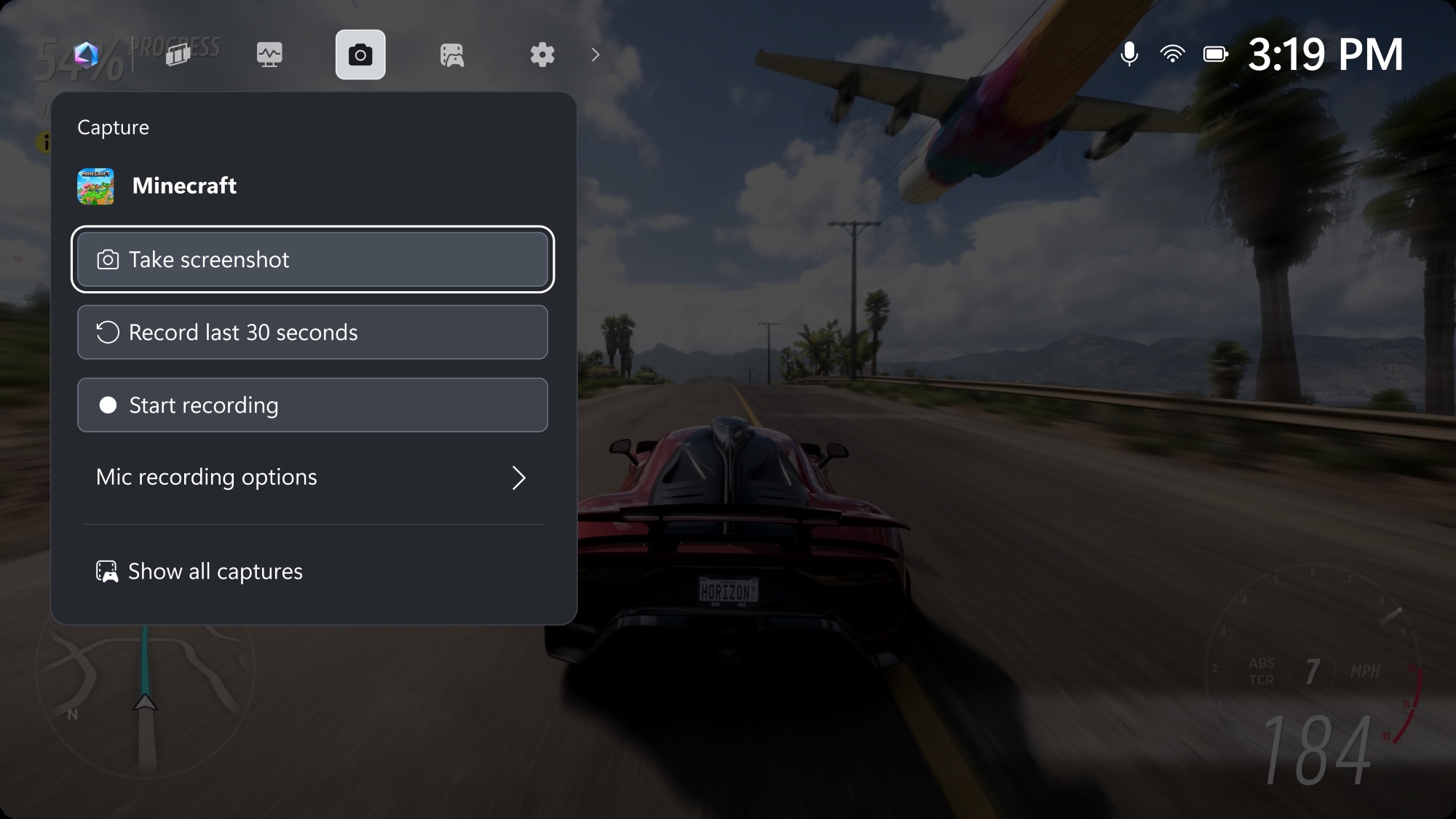A screenshot of the ROG Xbox Ally Game Bar with the Take Screenshot button highlighted