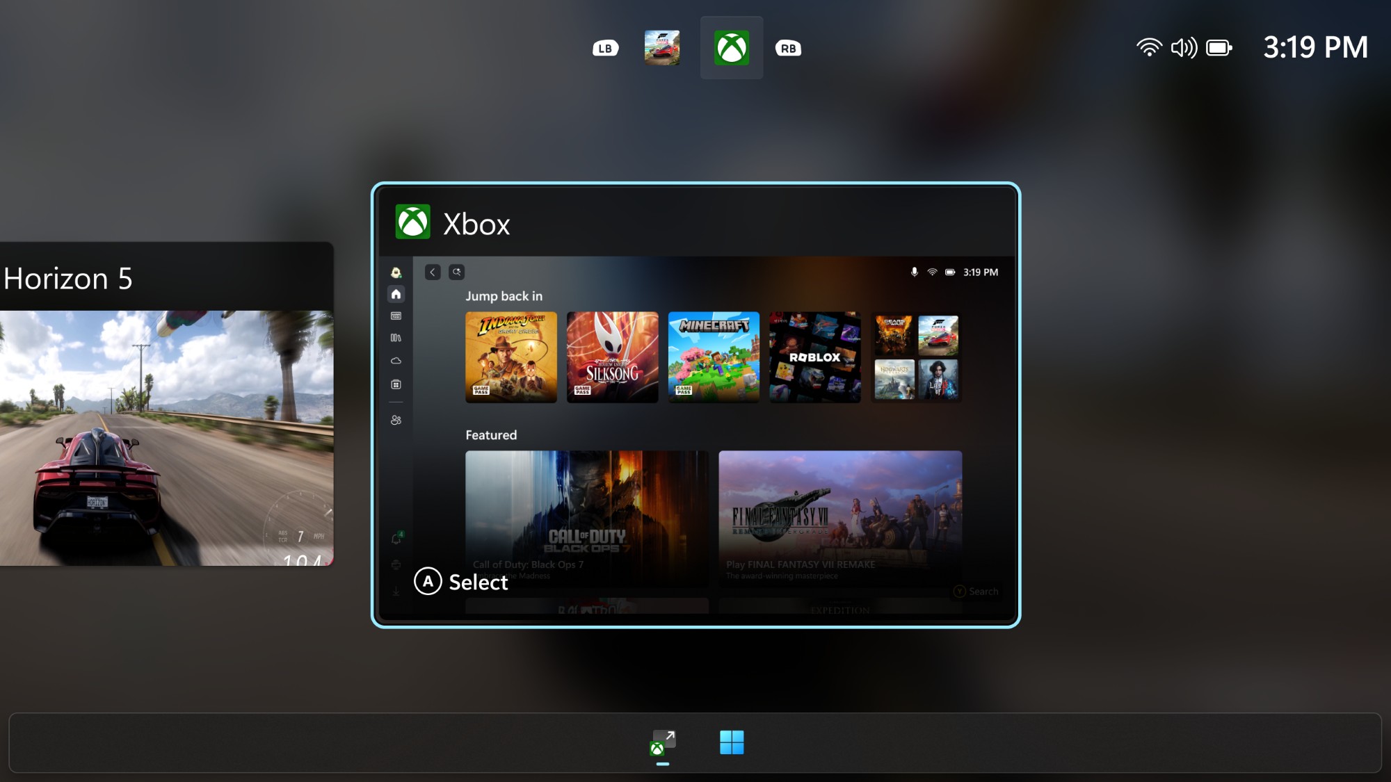 A screenshot of the ROG Xbox Ally Task Switcher