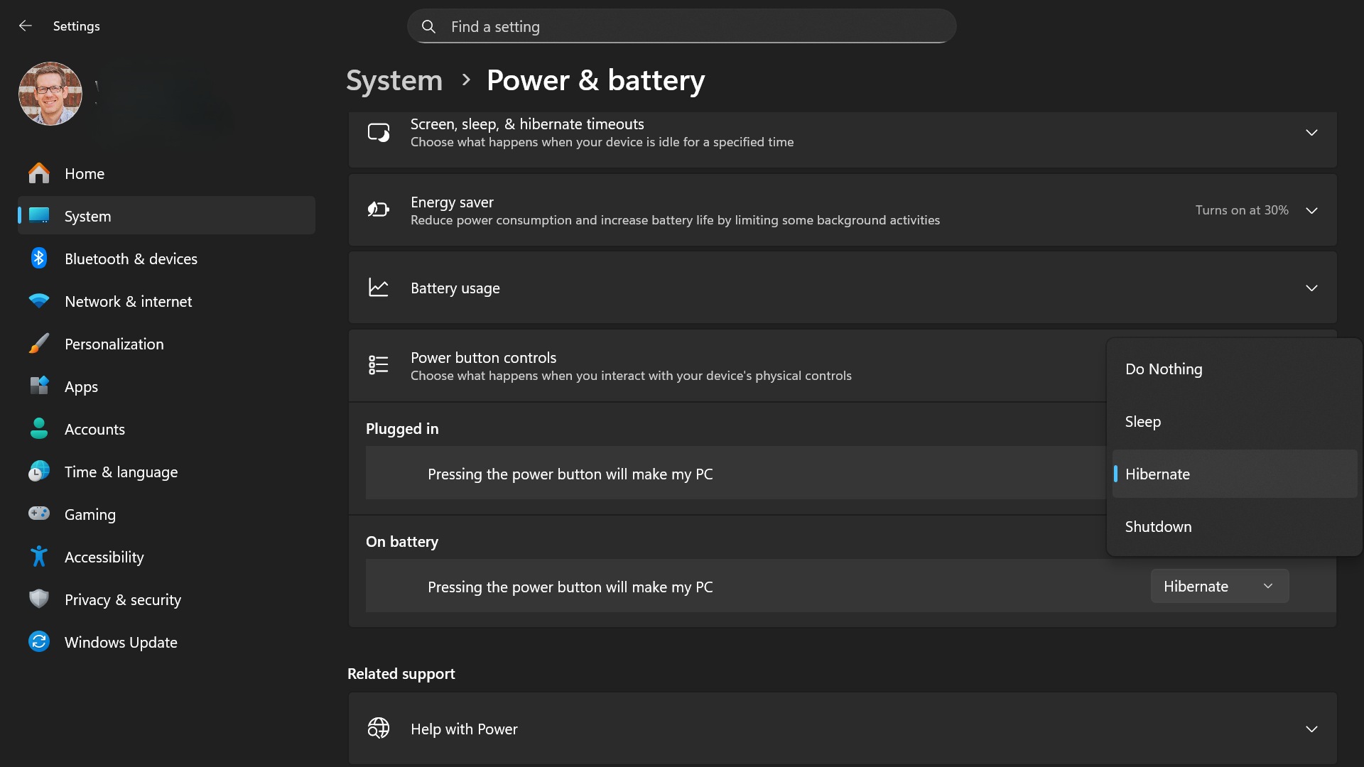 A screenshot of the Windows 11 power button settings