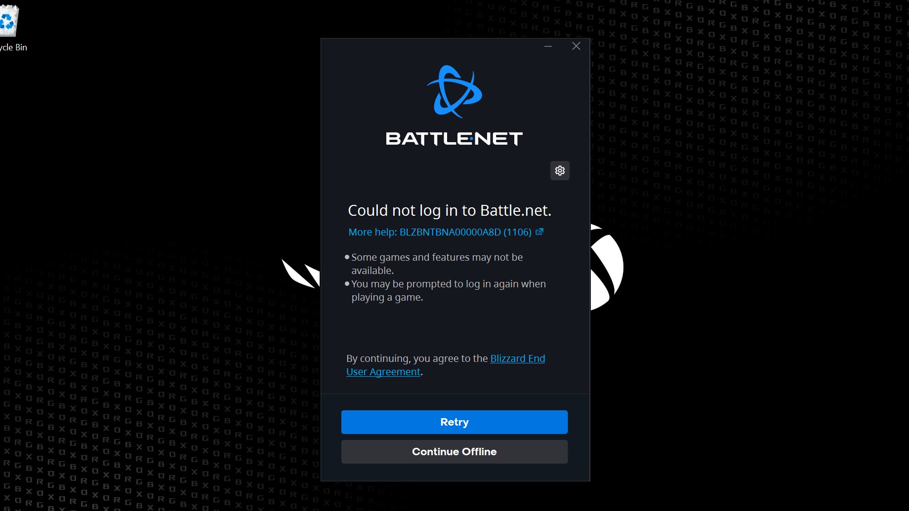 The offline login window for Battle.net