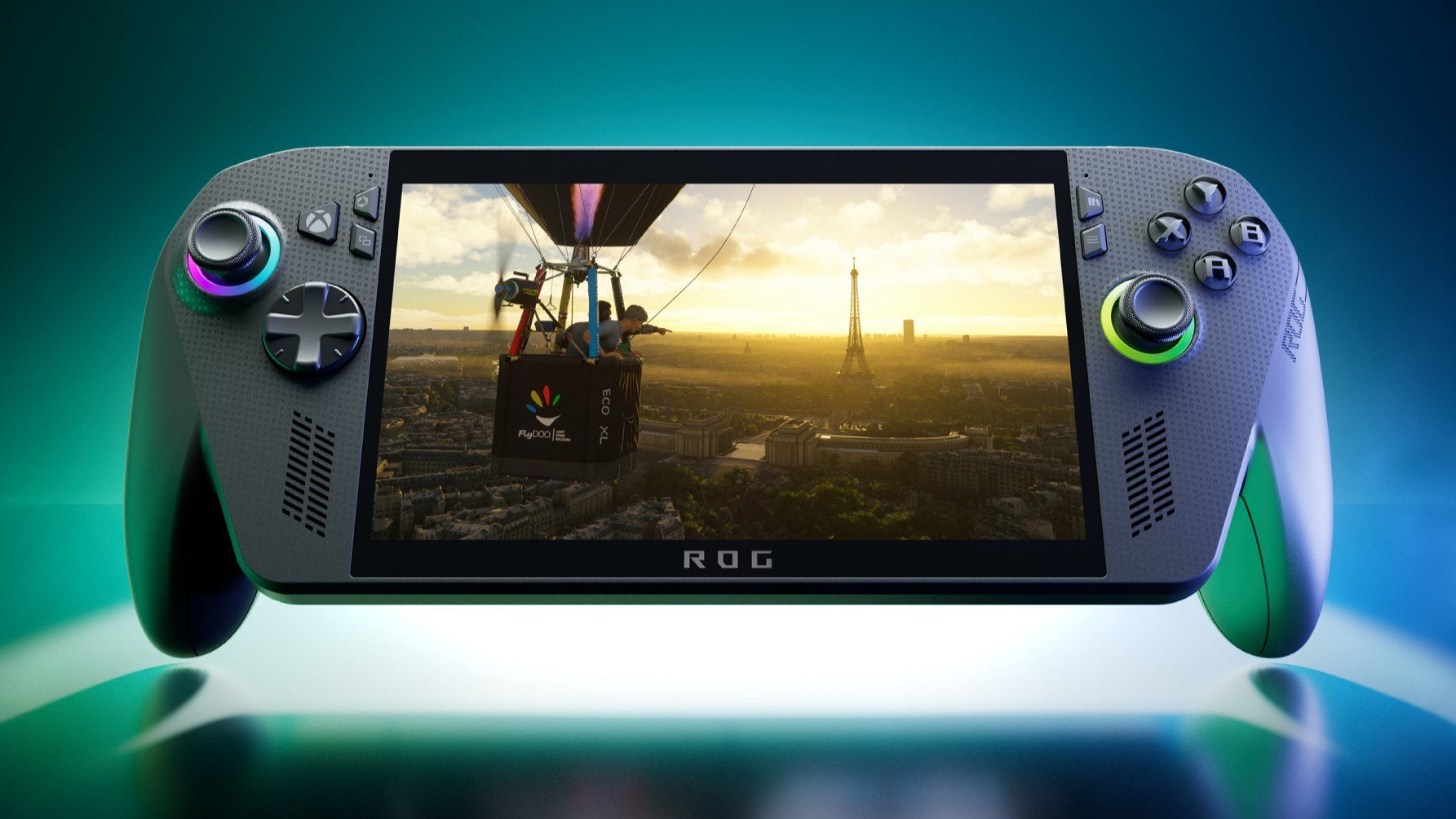 The ROG Xbox Ally X on a green and blue background