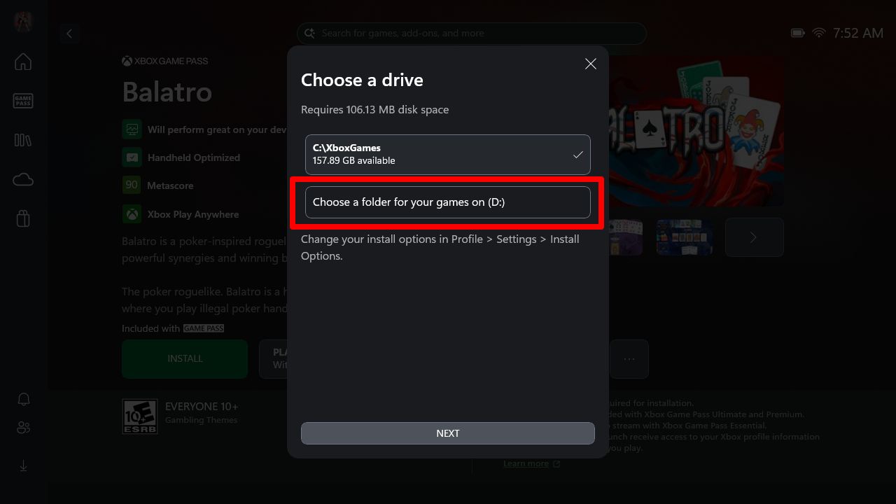 A screenshot of the Xbox installation interface, with a secondary drive highlighted