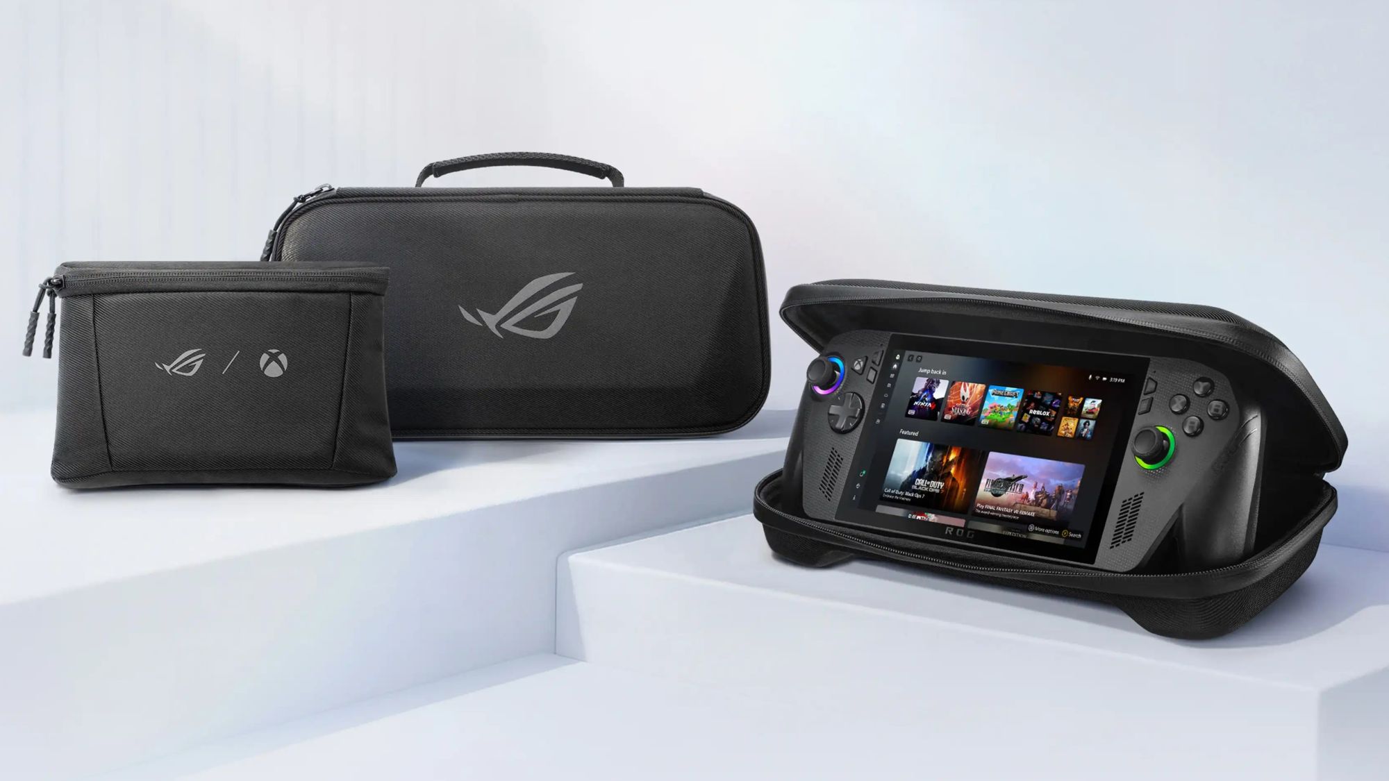 An ROG Xbox Ally X inside its 2-in-1 case atop a white display.